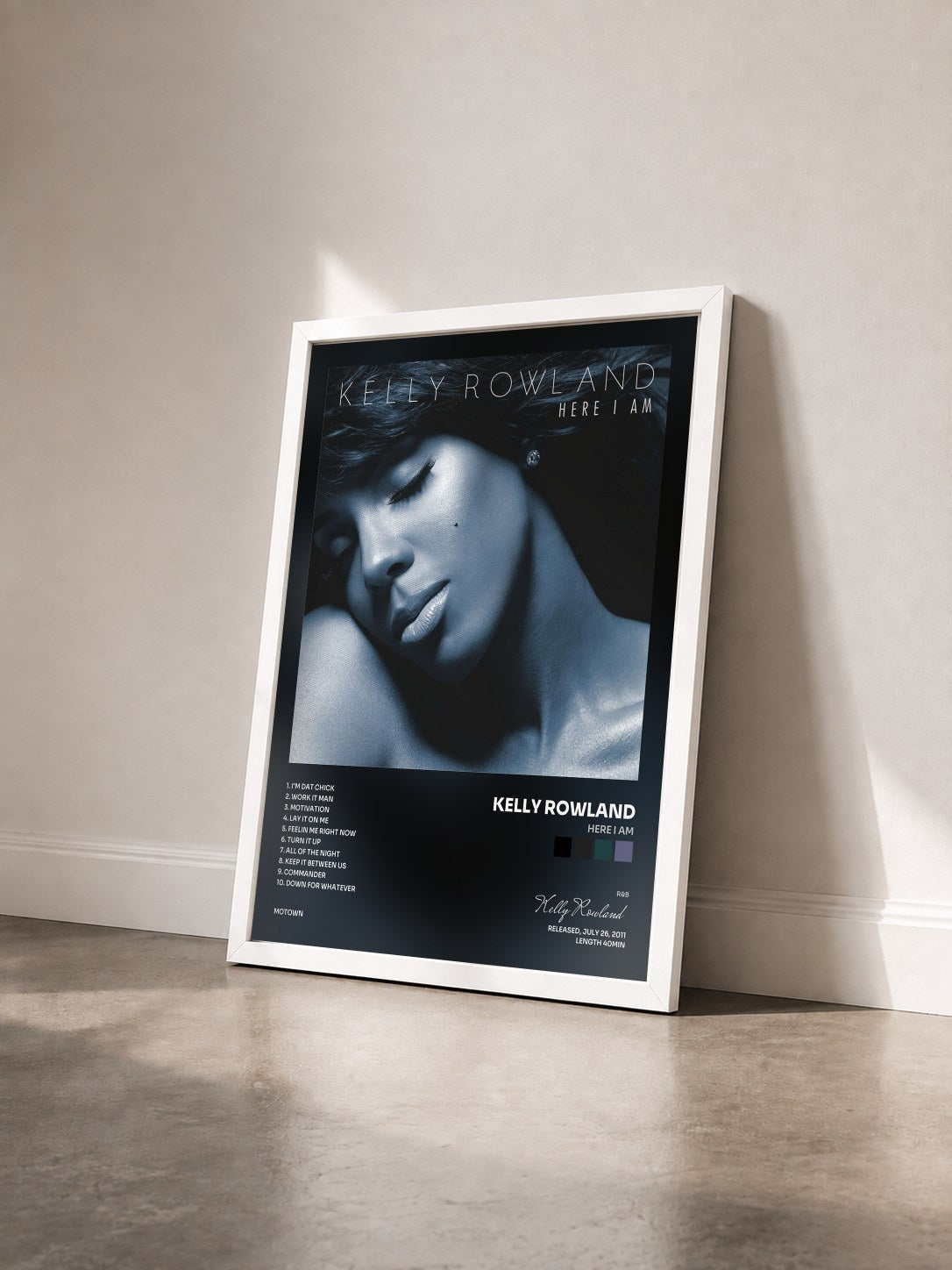 #blanc Tableau de l'album Here I Am de Kelly Rowland vu de trois quarts, cadre blanc