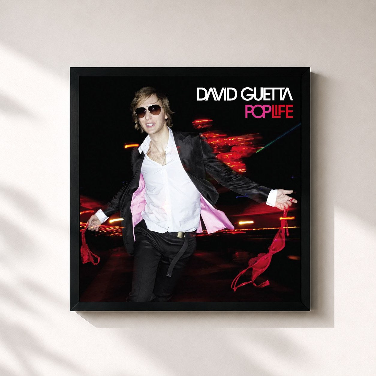 #noir Tableau carré de l'album Pop Life de David Guetta, cadre noir 32x32 cm