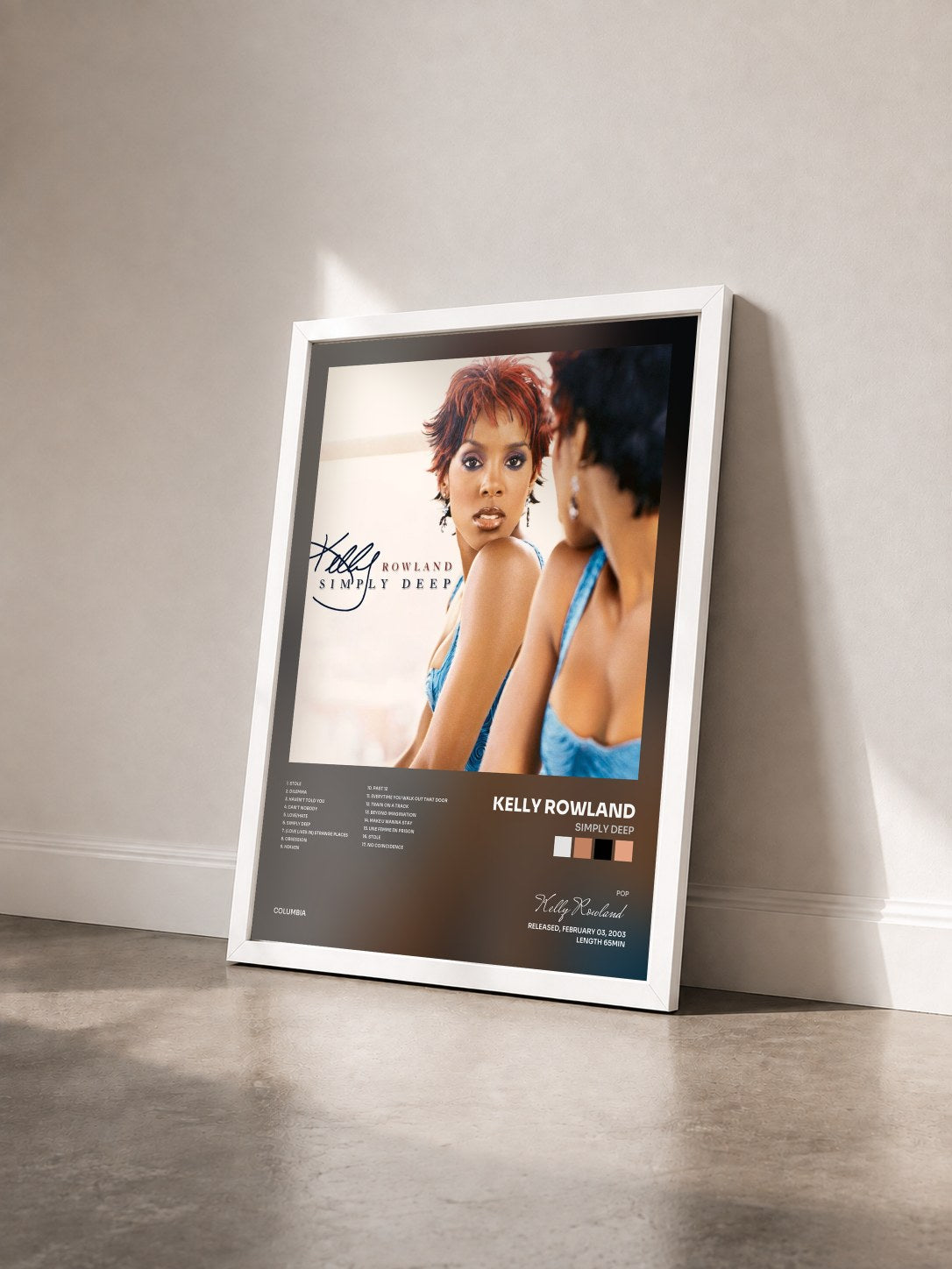 #blanc Tableau de l'album Simply Deep de Kelly Rowland vu de trois quarts, cadre blanc