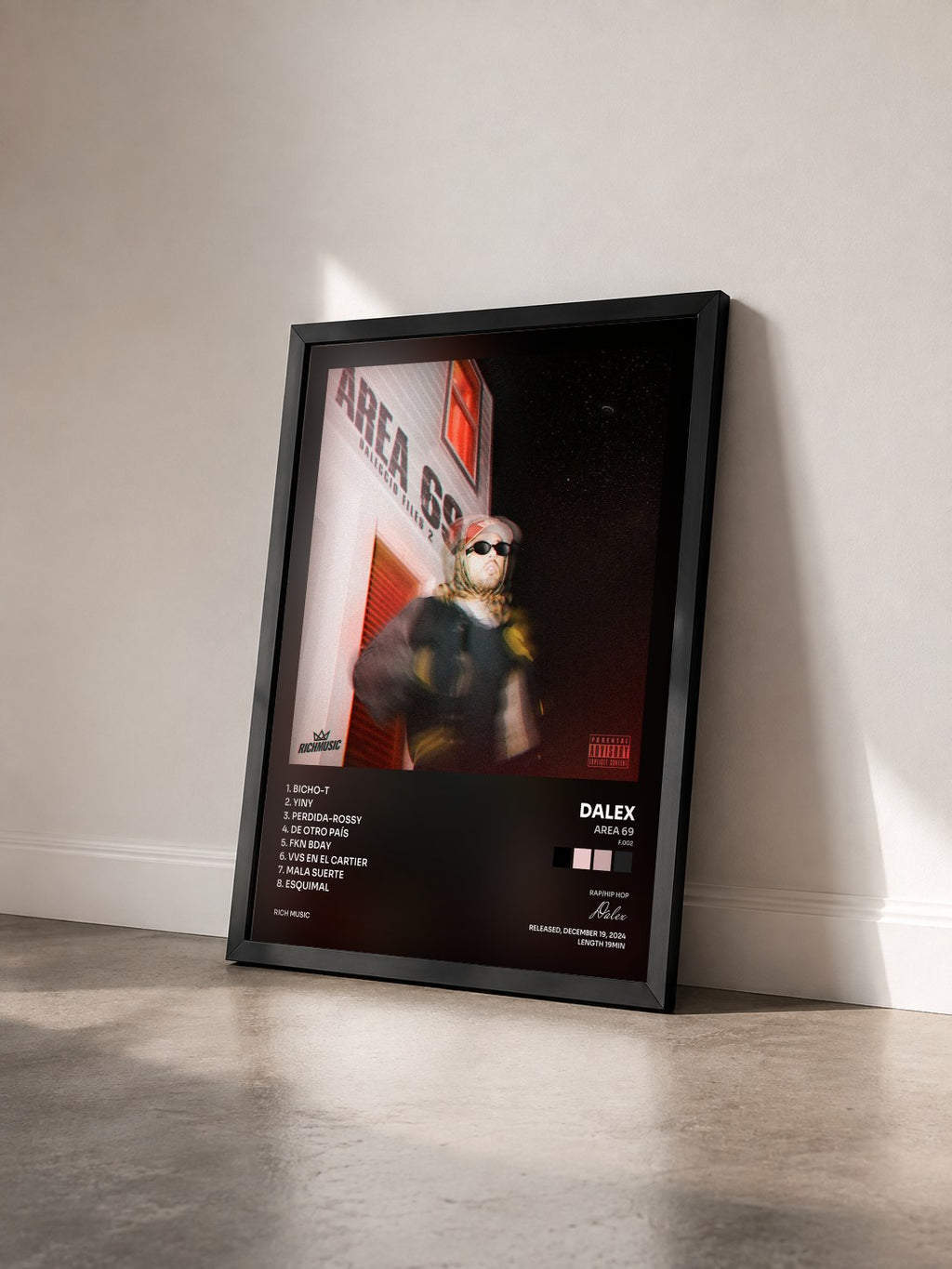 #noir Area 69 (F.002) by Dalex as a framed art print seen at an angle, black frame