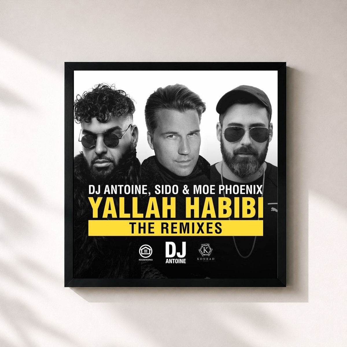 #noir Tableau carré de l'album Yallah Habibi (The Remixes) de DJ Antoine, cadre noir 32x32 cm