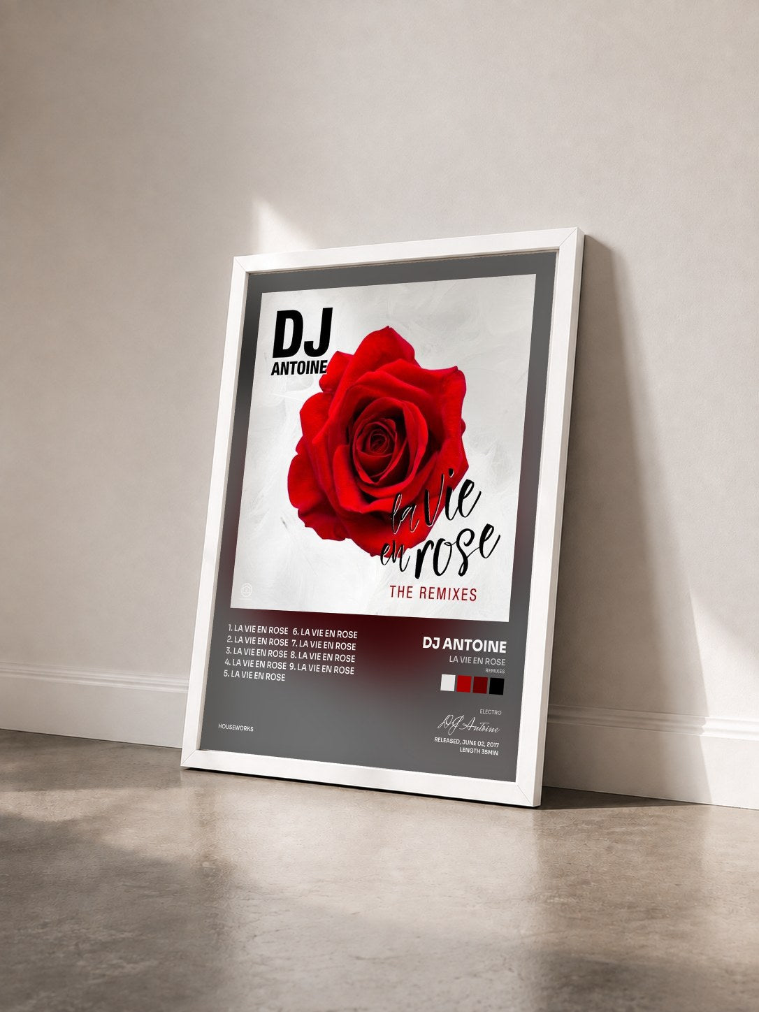 #blanc Tableau de l'album La vie en rose (Remixes) de DJ Antoine vu de trois quarts, cadre blanc