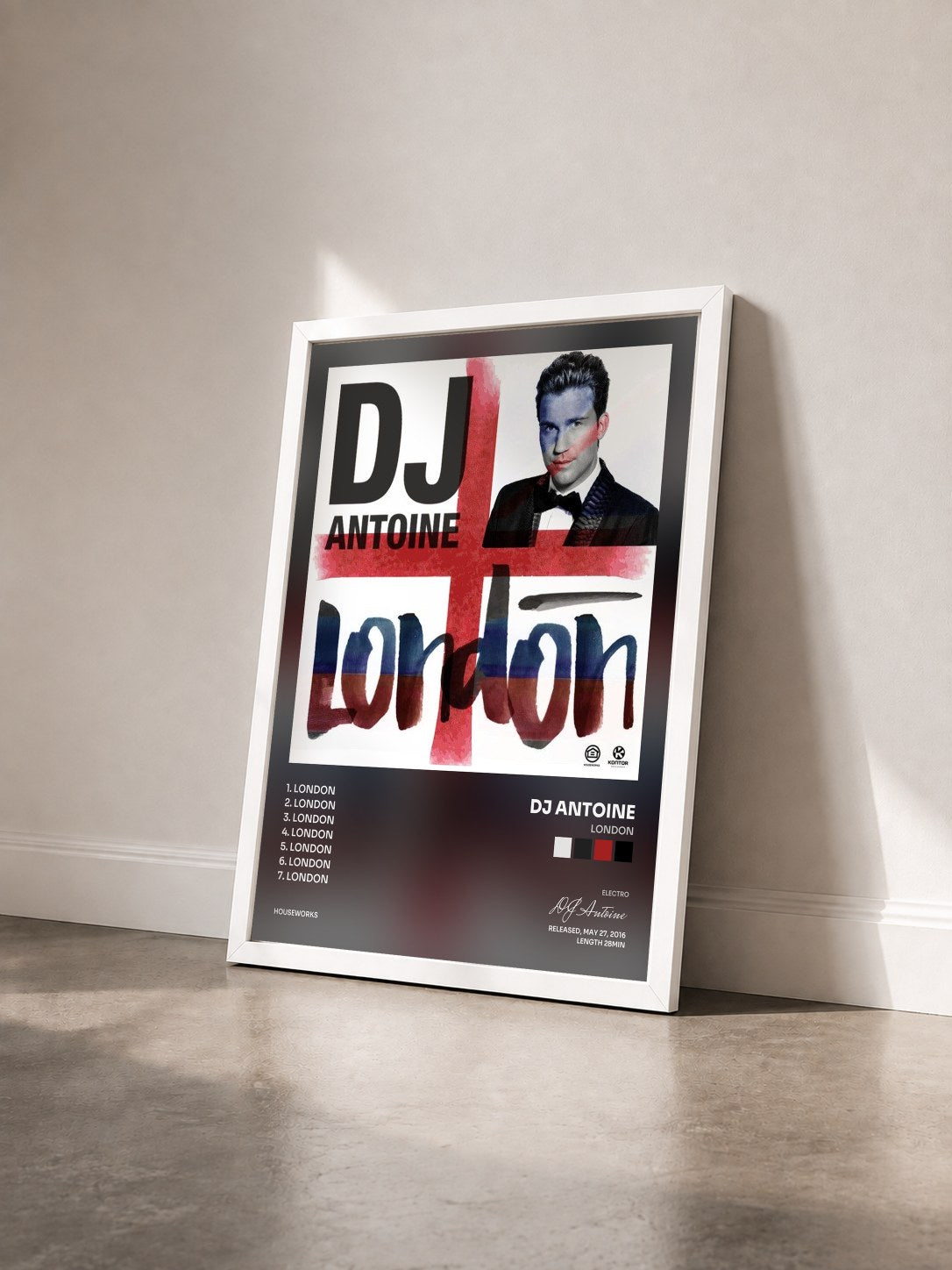 #blanc Tableau de l'album London de DJ Antoine vu de trois quarts, cadre blanc