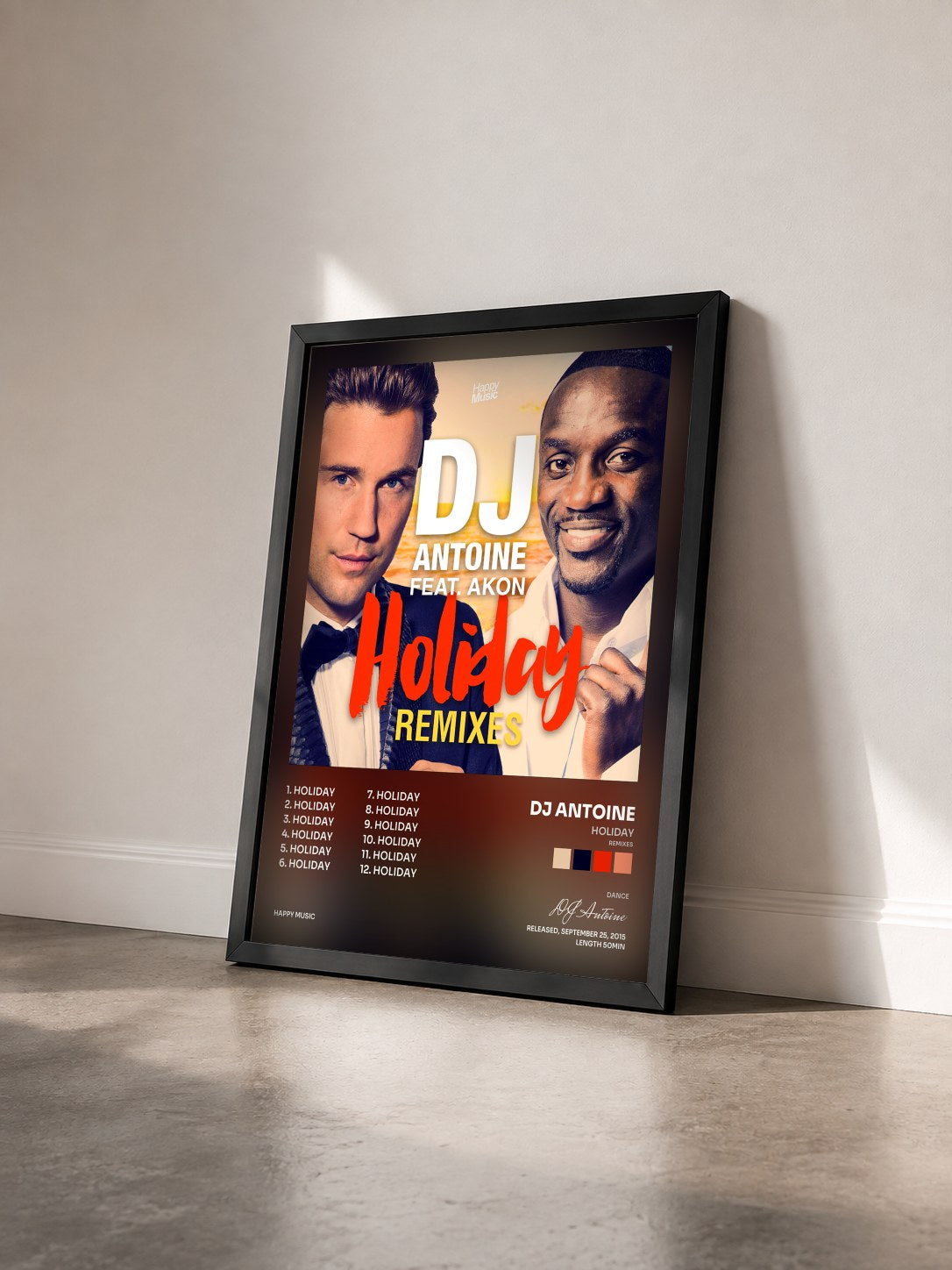 #noir Tableau de l'album Holiday (Remixes) de DJ Antoine vu de trois quarts, cadre noir