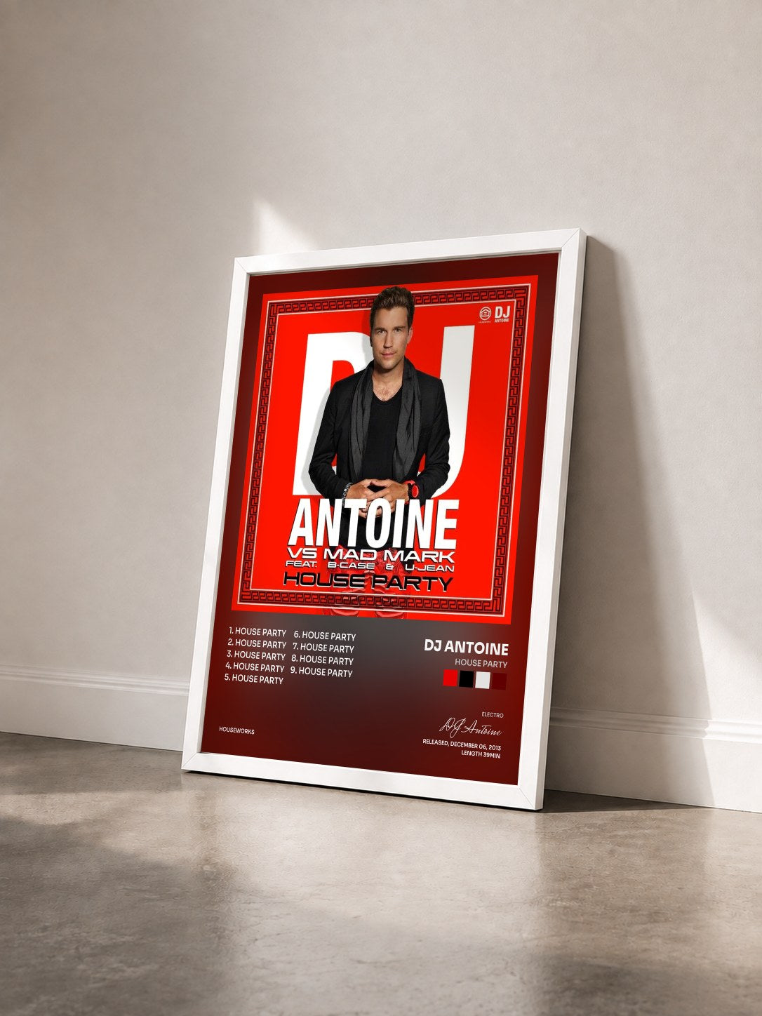 #blanc Tableau de l'album House Party de DJ Antoine vu de trois quarts, cadre blanc