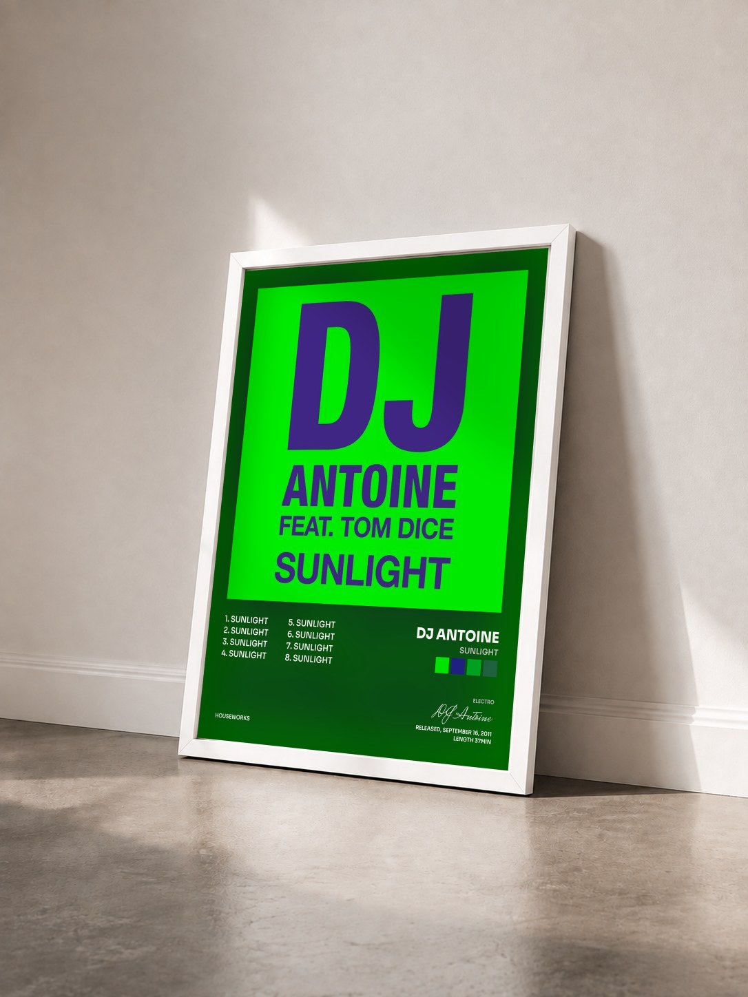 #blanc Tableau de l'album Sunlight de DJ Antoine vu de trois quarts, cadre blanc