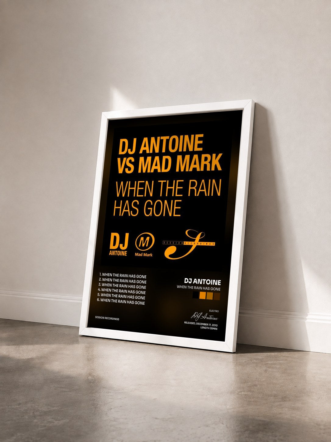 #blanc Tableau de l'album When the Rain Has Gone de DJ Antoine vu de trois quarts, cadre blanc