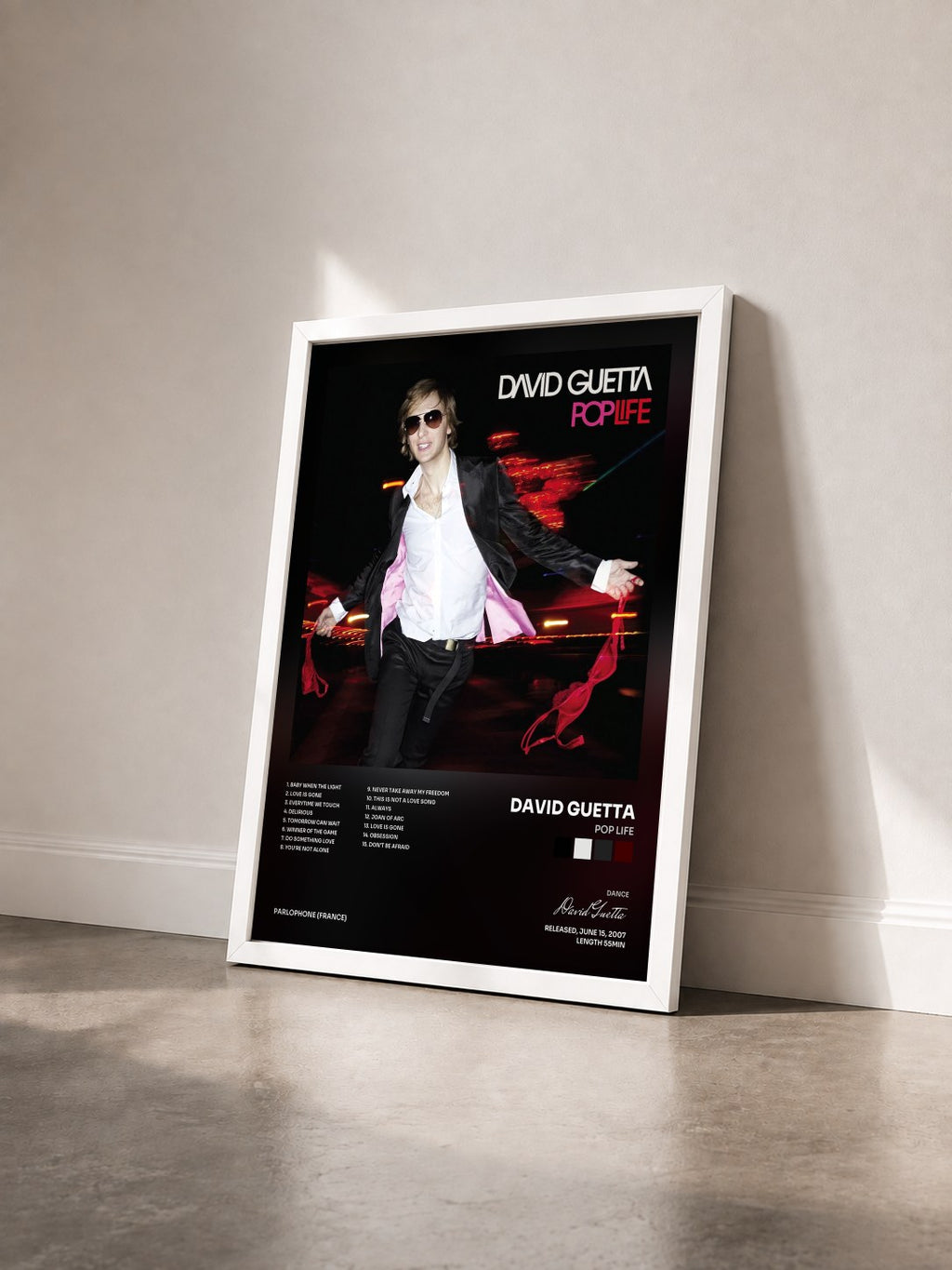 #blanc Tableau de l'album Pop Life de David Guetta vu de trois quarts, cadre blanc