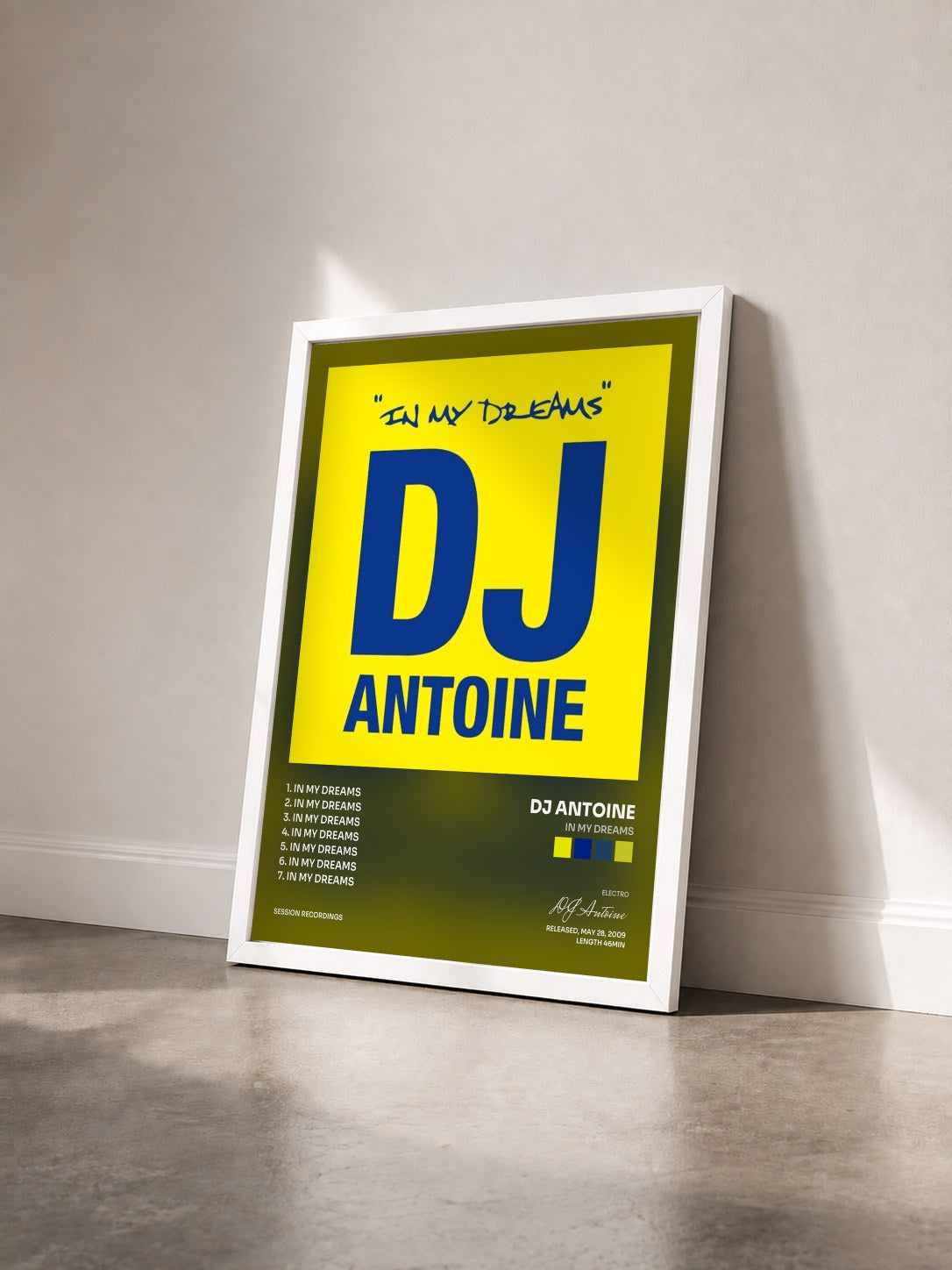 #blanc Tableau de l'album In My Dreams de DJ Antoine vu de trois quarts, cadre blanc