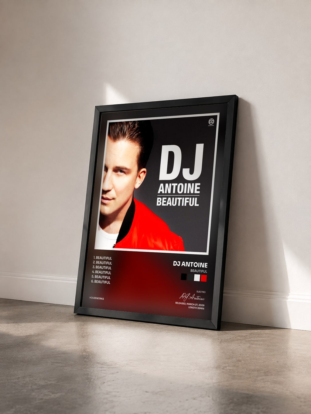 #noir Beautiful by DJ Antoine as a framed art print seen at an angle, black frame