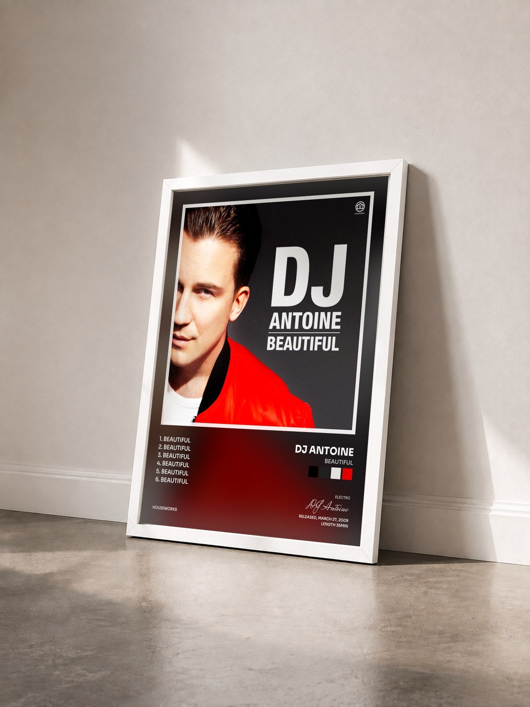 #blanc Tableau de l'album Beautiful de DJ Antoine vu de trois quarts, cadre blanc