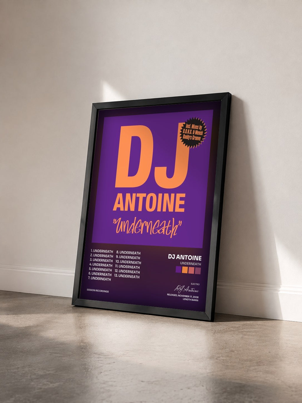 #noir Tableau de l'album Underneath de DJ Antoine vu de trois quarts, cadre noir