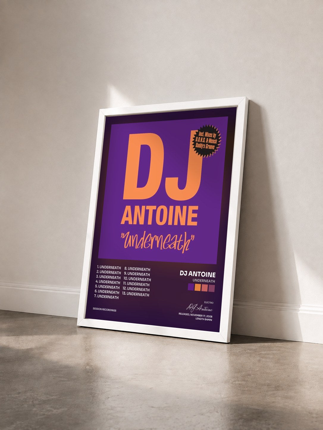 #blanc Tableau de l'album Underneath de DJ Antoine vu de trois quarts, cadre blanc