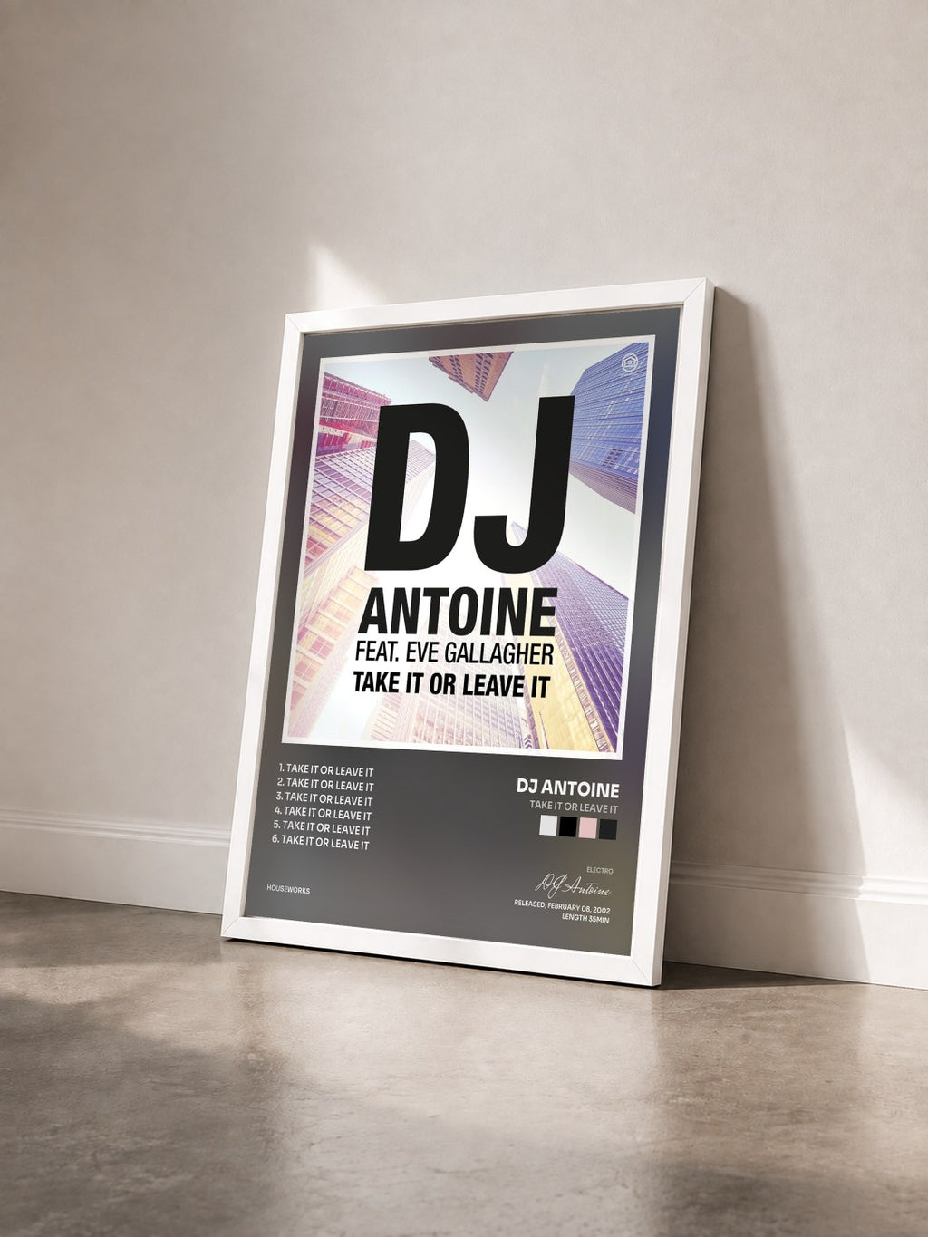 #blanc Take It or Leave It von DJ Antoine als gerahmter Kunstdruck von schräg gesehen, weißer Rahmen