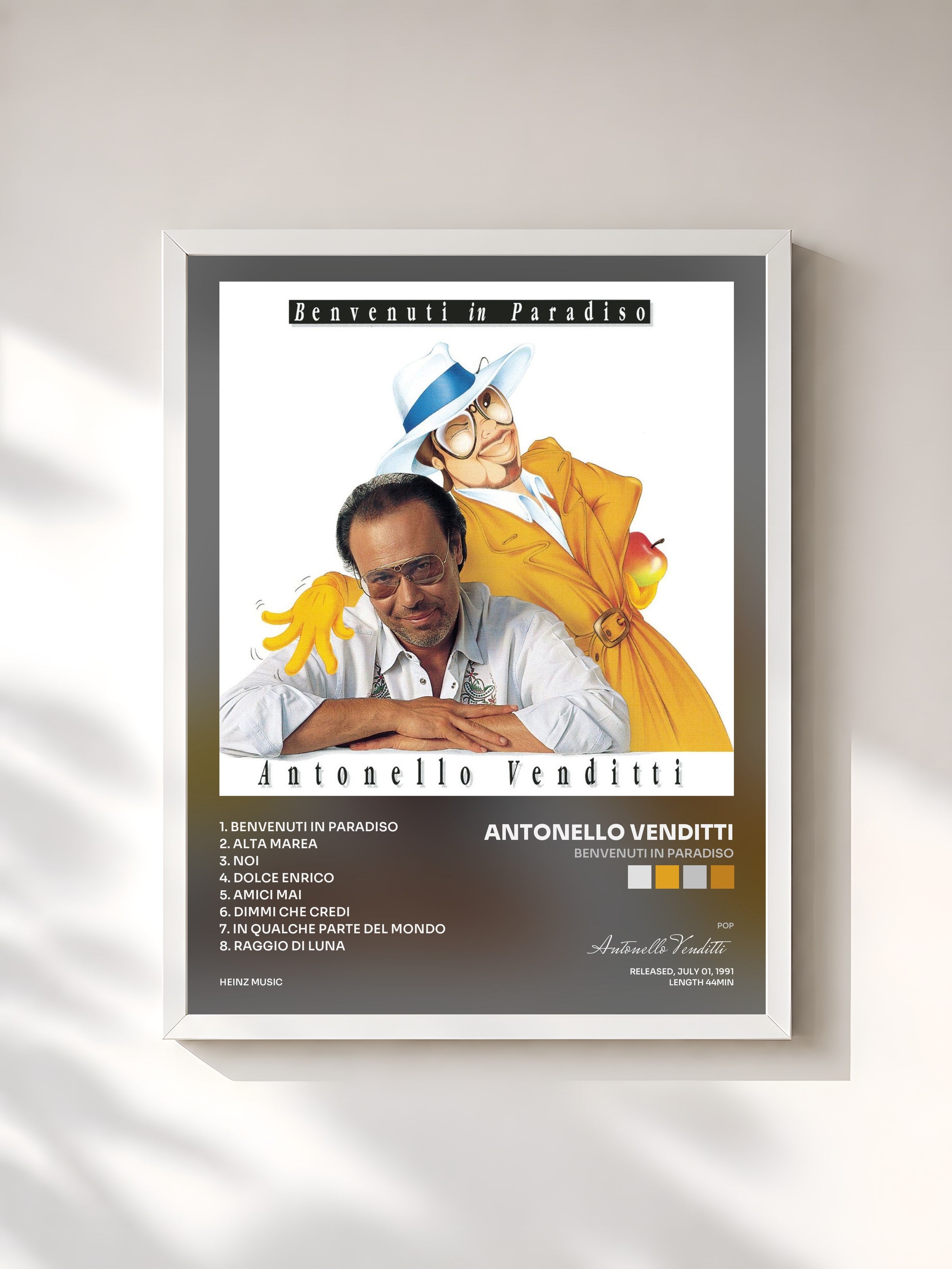 #blanc Tableau de l'album Benvenuti In Paradiso de Antonello Venditti, cadre blanc, imprimé et encadré en France