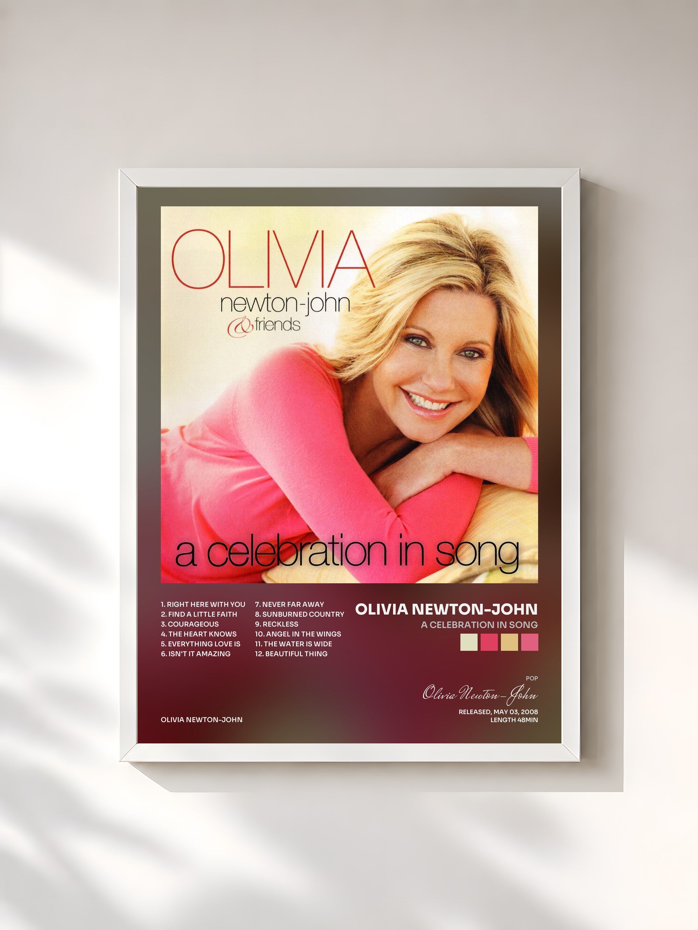 #blanc Tableau de l'album A Celebration In Song de Olivia Newton-John, cadre blanc, imprimé et encadré en France