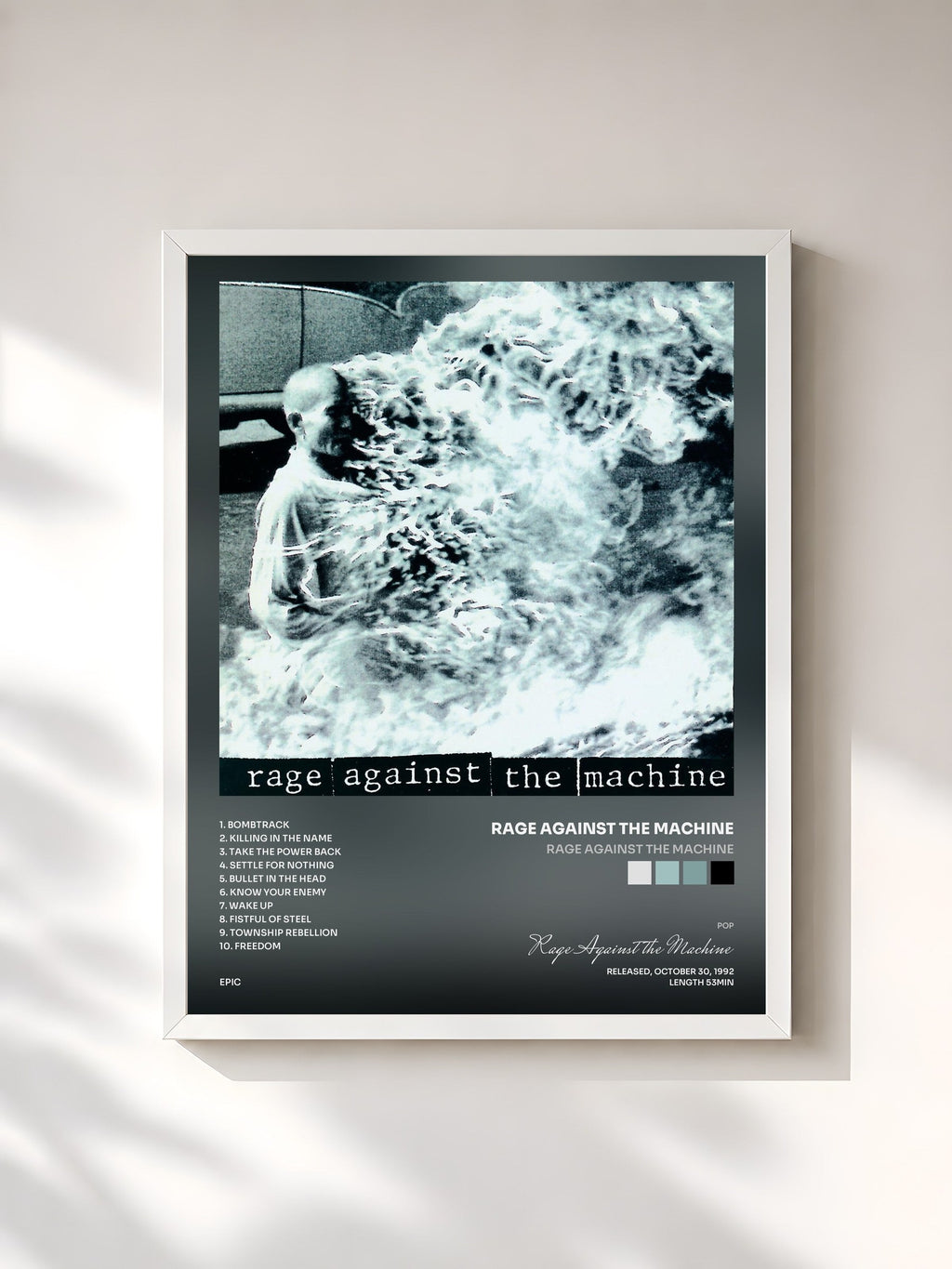 #blanc Tableau de l'album Rage Against The Machine de Rage Against the Machine, cadre blanc, imprimé et encadré en France