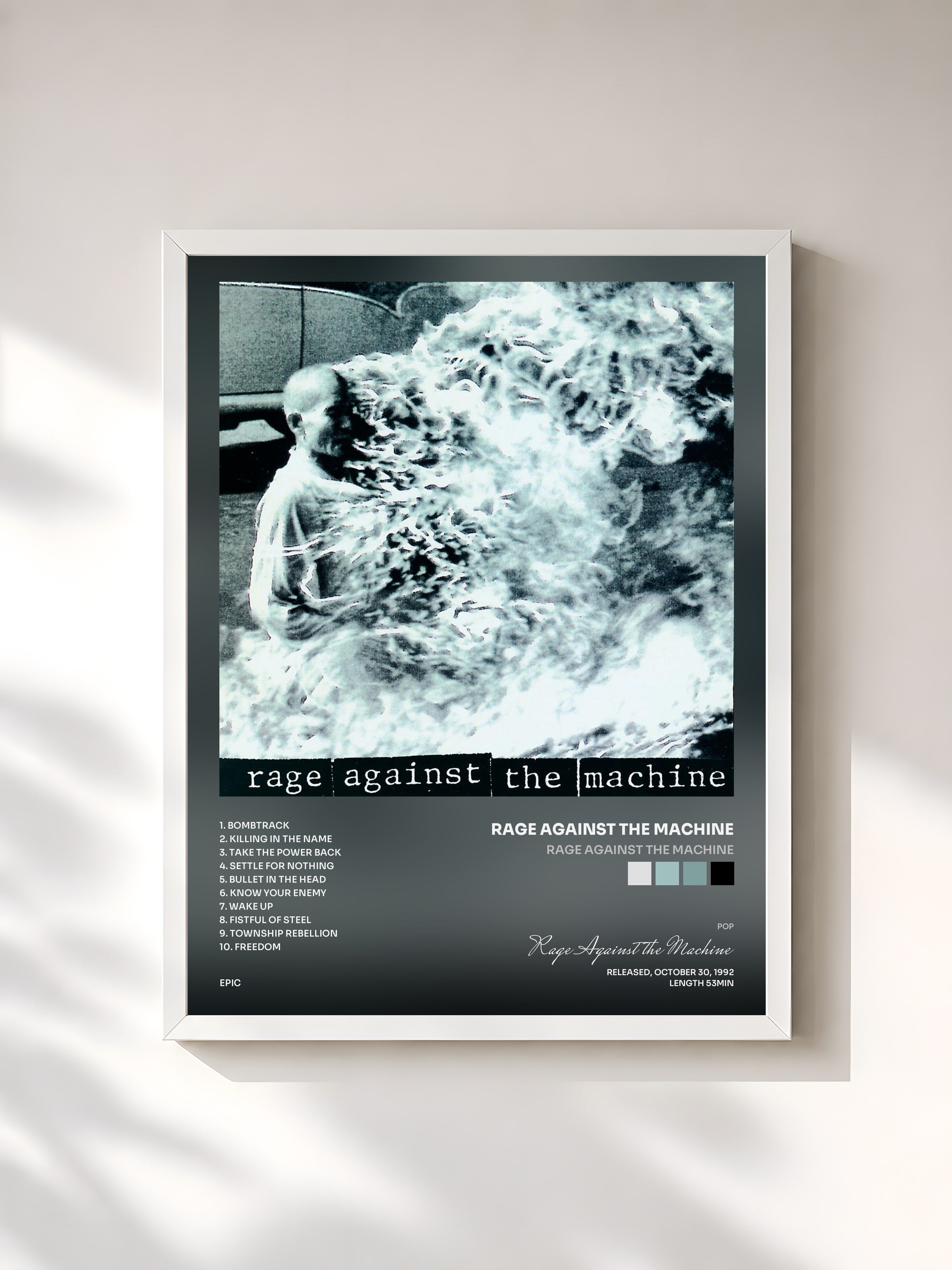#blanc Tableau de l'album Rage Against The Machine de Rage Against the Machine, cadre blanc, imprimé et encadré en France