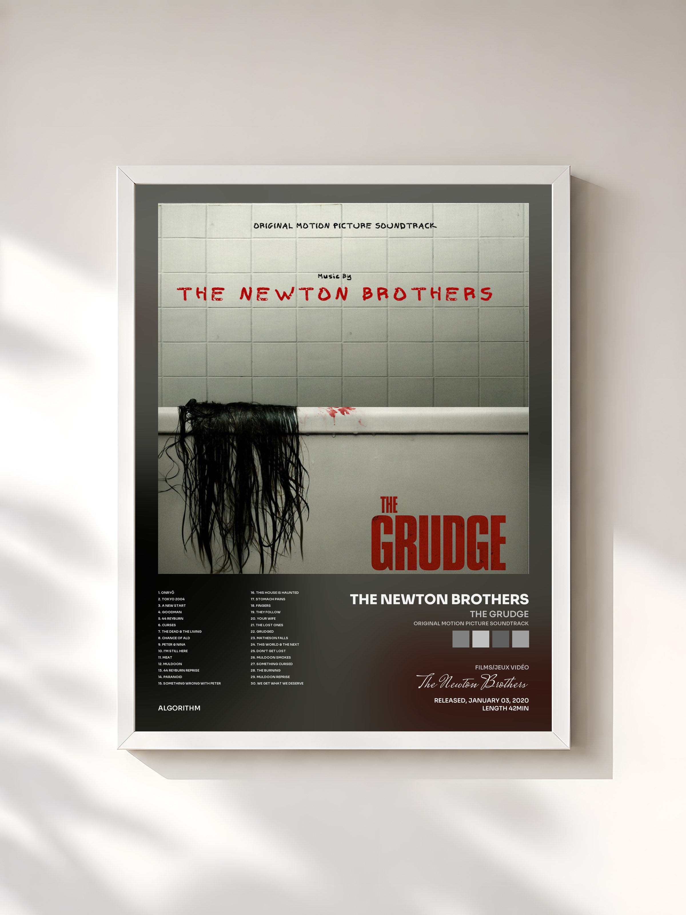 #blanc Tableau de l'album The Grudge (Original Motion Picture Soundtrack) de The Newton Brothers, cadre blanc, imprimé et encadré en France