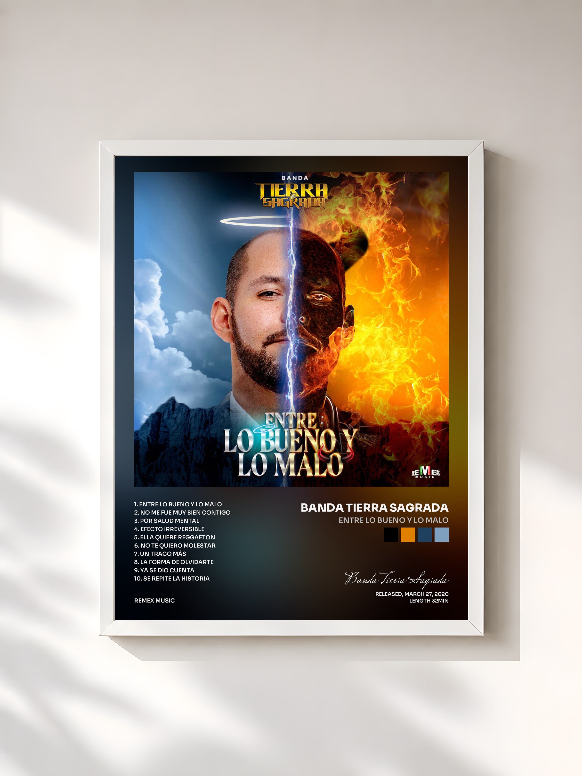 #blanc Tableau de l'album Entre Lo Bueno y Lo Malo de Banda Tierra Sagrada, cadre blanc, imprimé et encadré en France