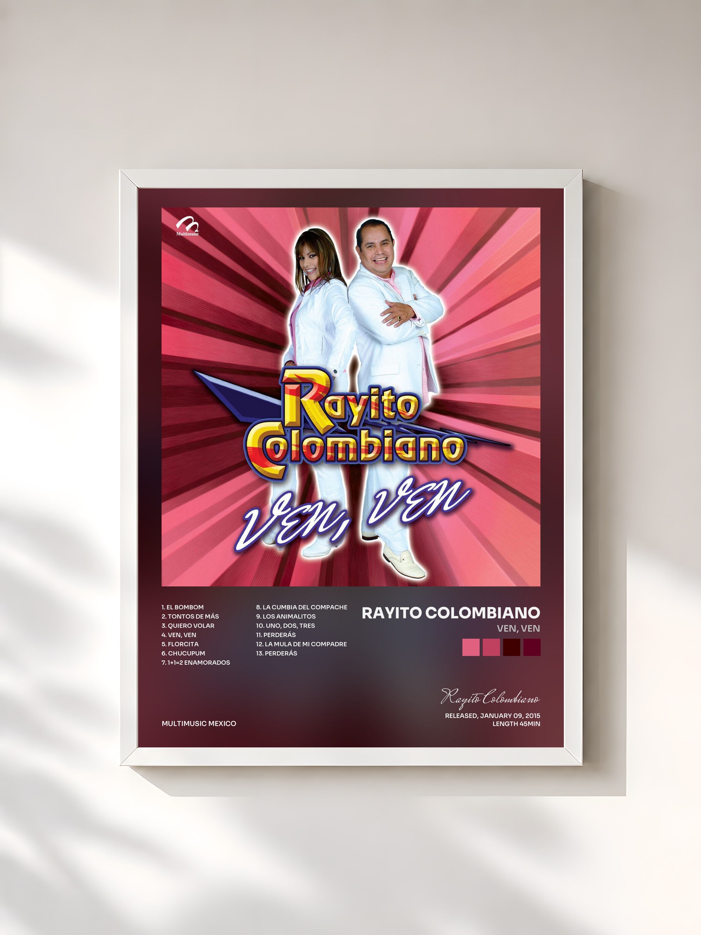 #blanc Tableau de l'album Ven, Ven de Rayito Colombiano, cadre blanc, imprimé et encadré en France