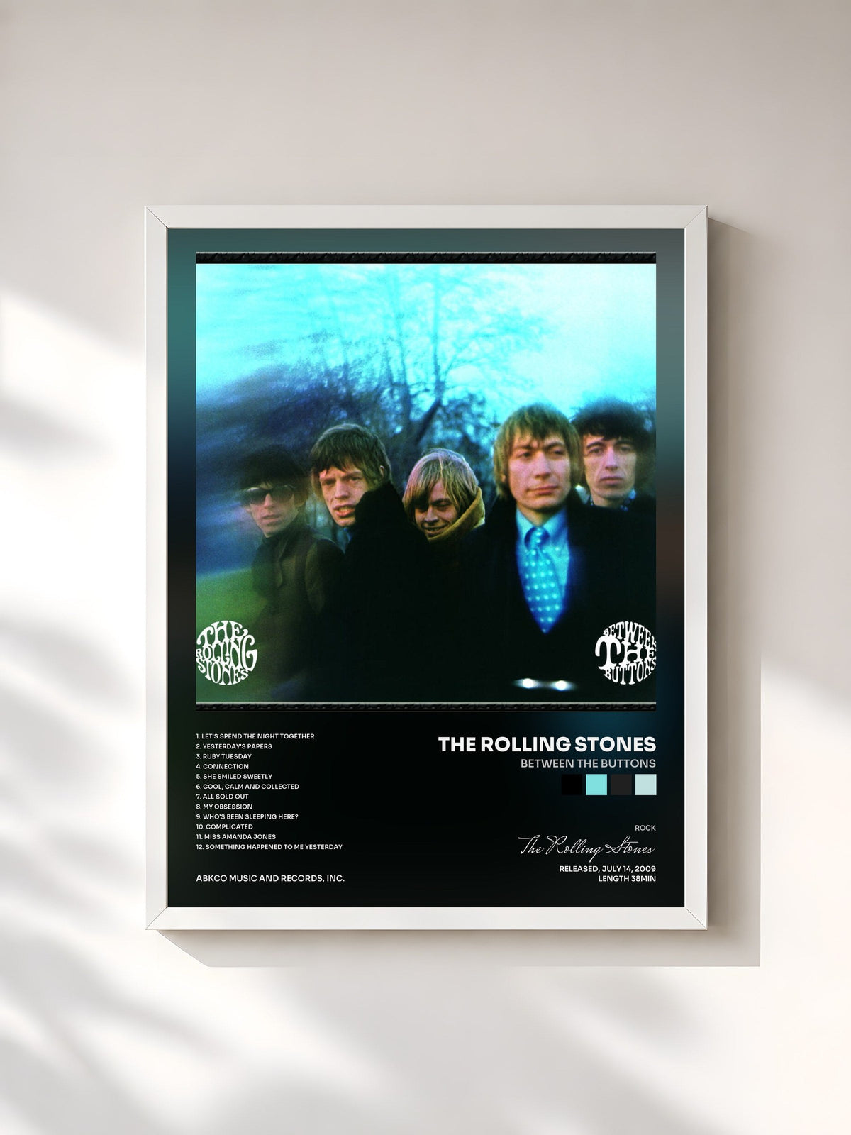 #blanc Tableau de l'album Between The Buttons de The Rolling Stones, cadre blanc, imprimé et encadré en France