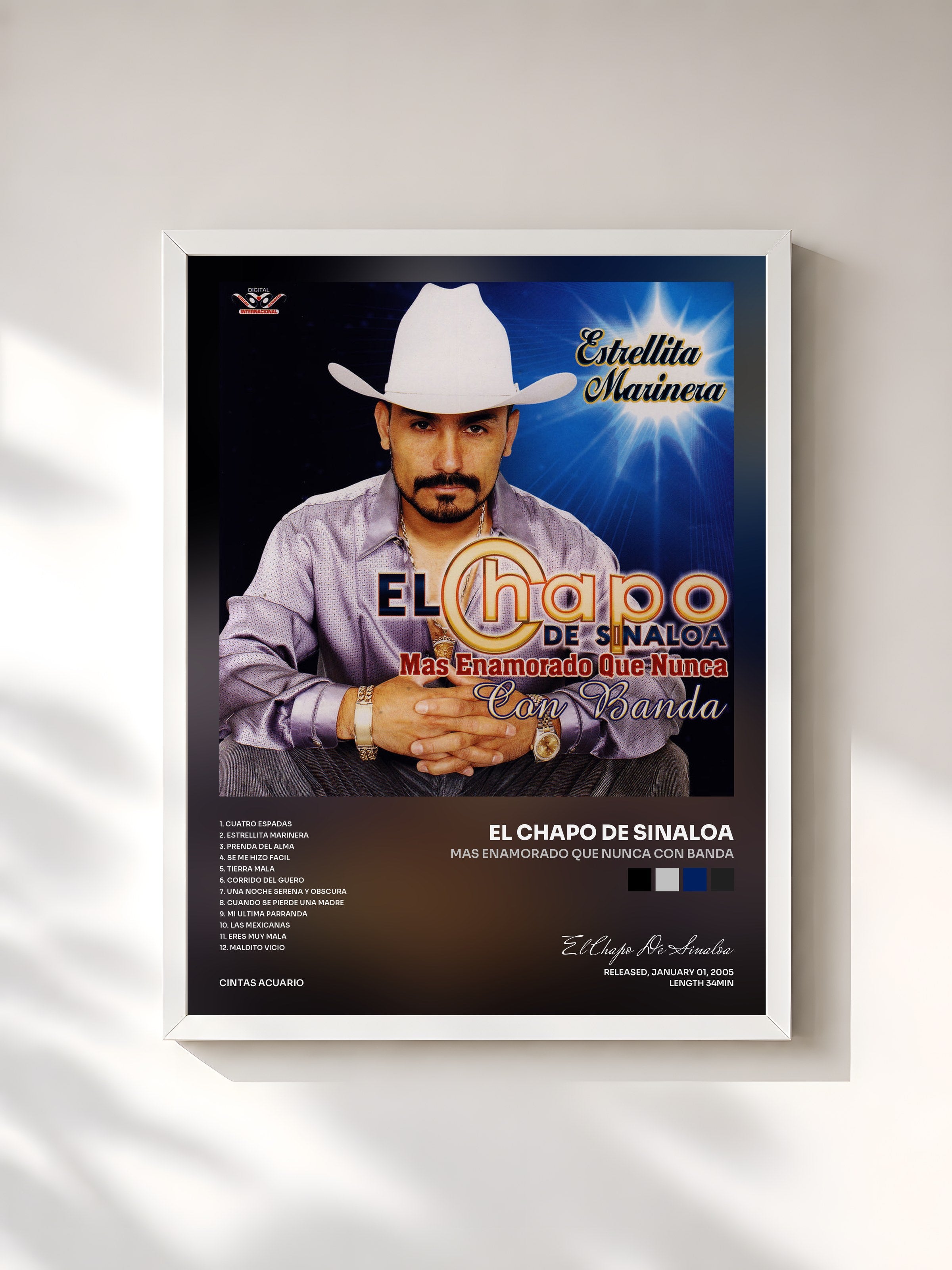 #blanc Tableau de l'album Mas Enamorado Que Nunca Con Banda de El Chapo De Sinaloa, cadre blanc, imprimé et encadré en France