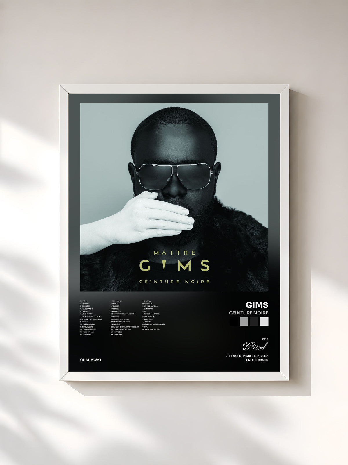 #blanc Tableau de l'album Ceinture noire de GIMS, cadre blanc, imprimé et encadré en France