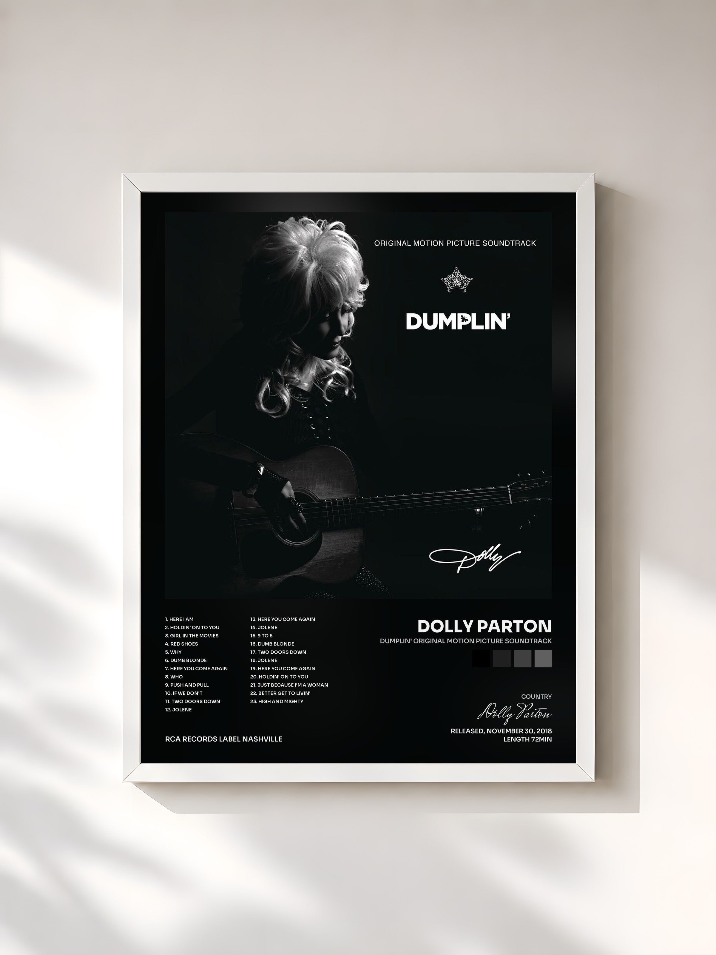 #blanc Tableau de l'album Dumplin' Original Motion Picture Soundtrack de Dolly Parton, cadre blanc, imprimé et encadré en France