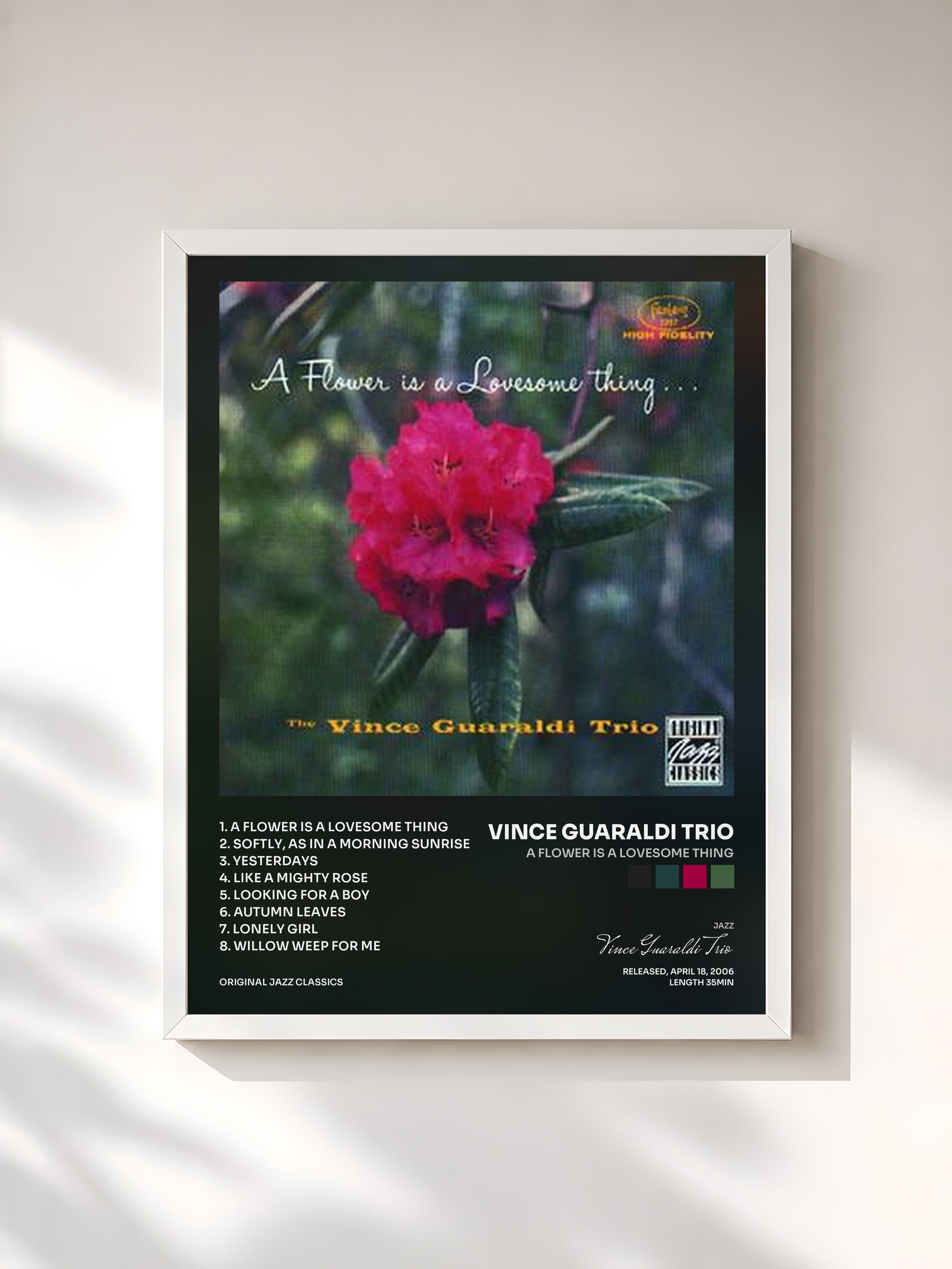 #blanc Tableau de l'album A Flower Is A Lovesome Thing de Vince Guaraldi Trio, cadre blanc, imprimé et encadré en France