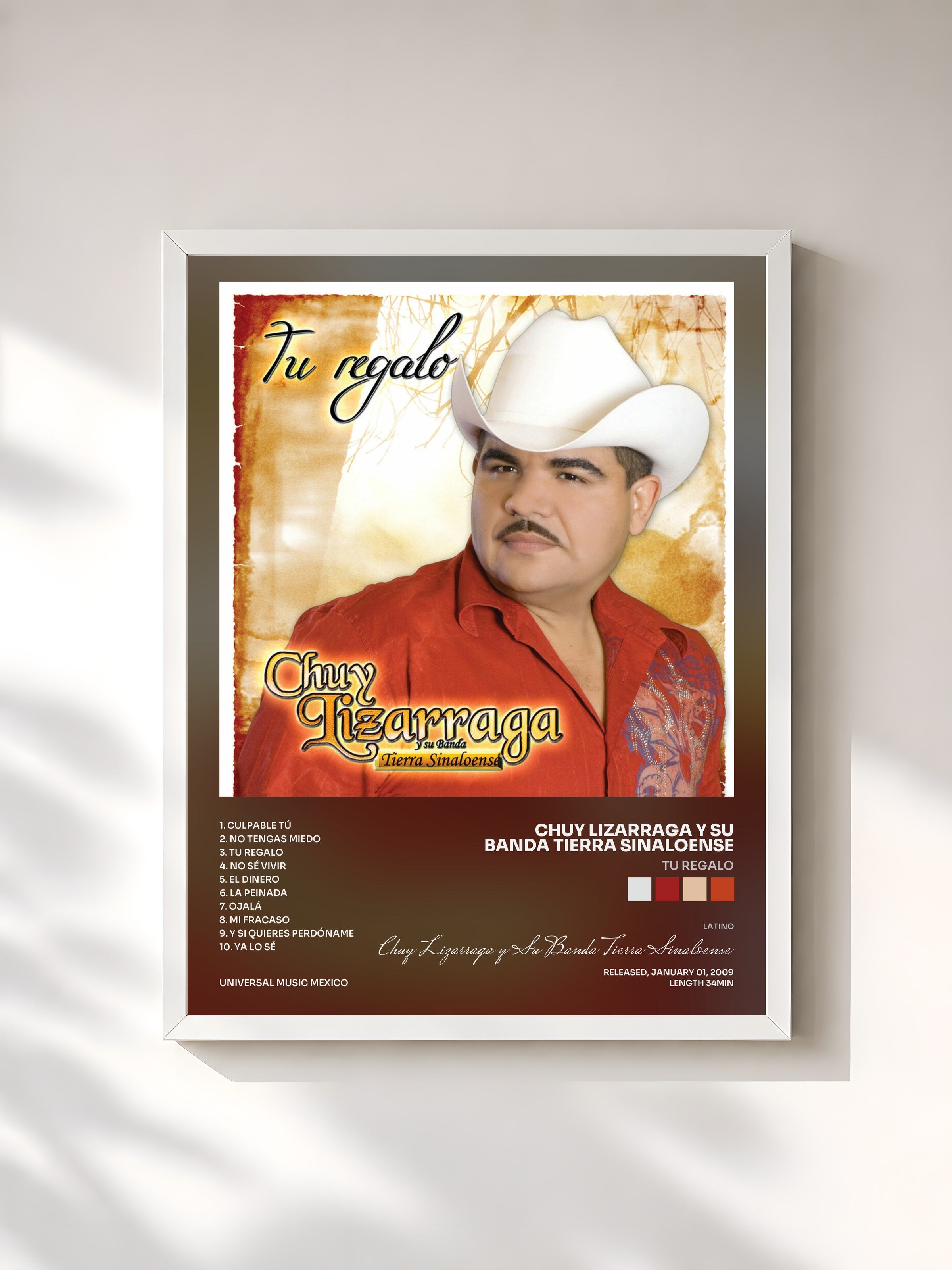 #blanc Tableau de l'album Tu Regalo de Chuy Lizarraga y Su Banda Tierra Sinaloense, cadre blanc, imprimé et encadré en France