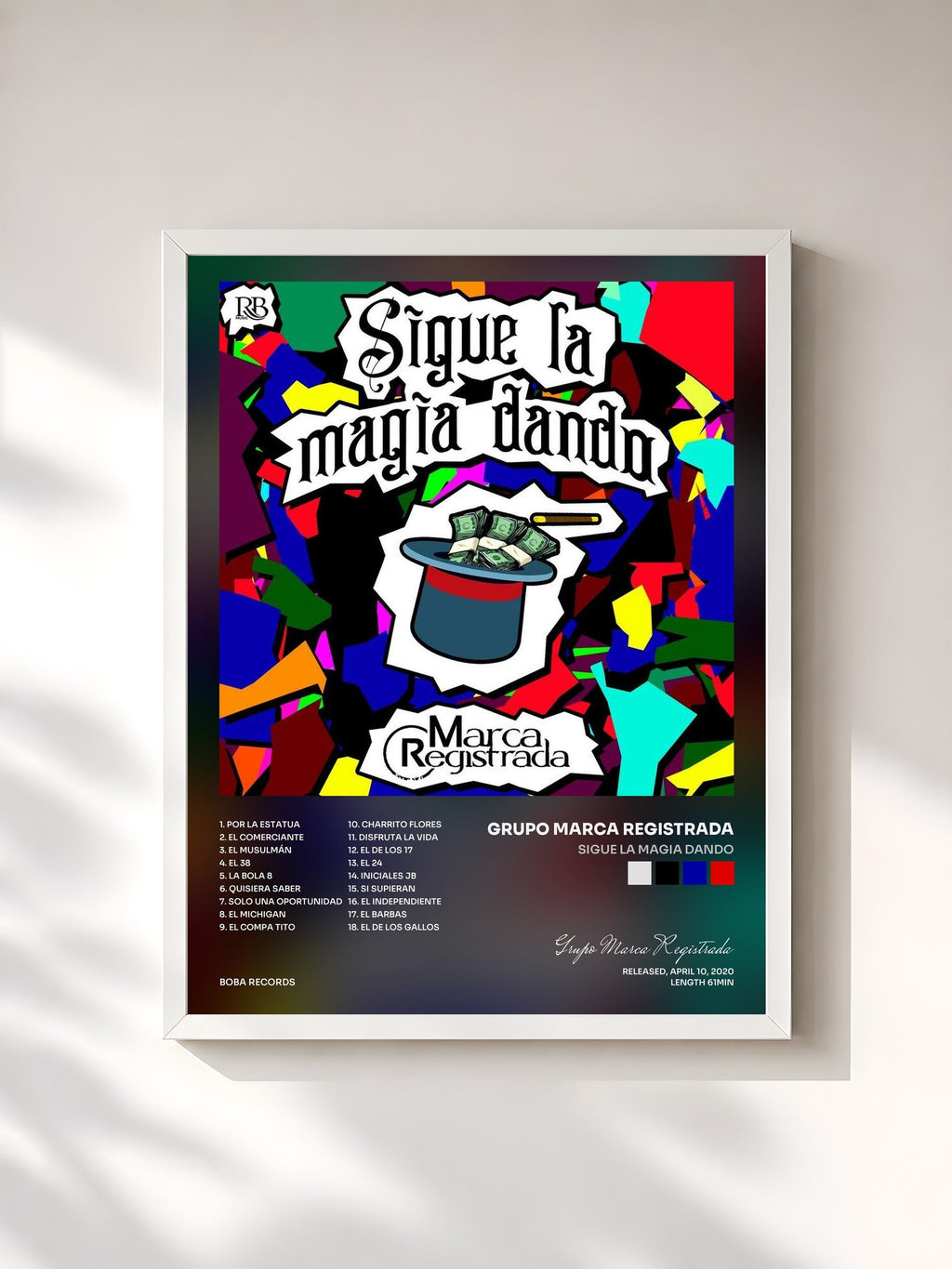 #blanc Tableau de l'album Sigue La Magia Dando de Grupo Marca Registrada, cadre blanc, imprimé et encadré en France