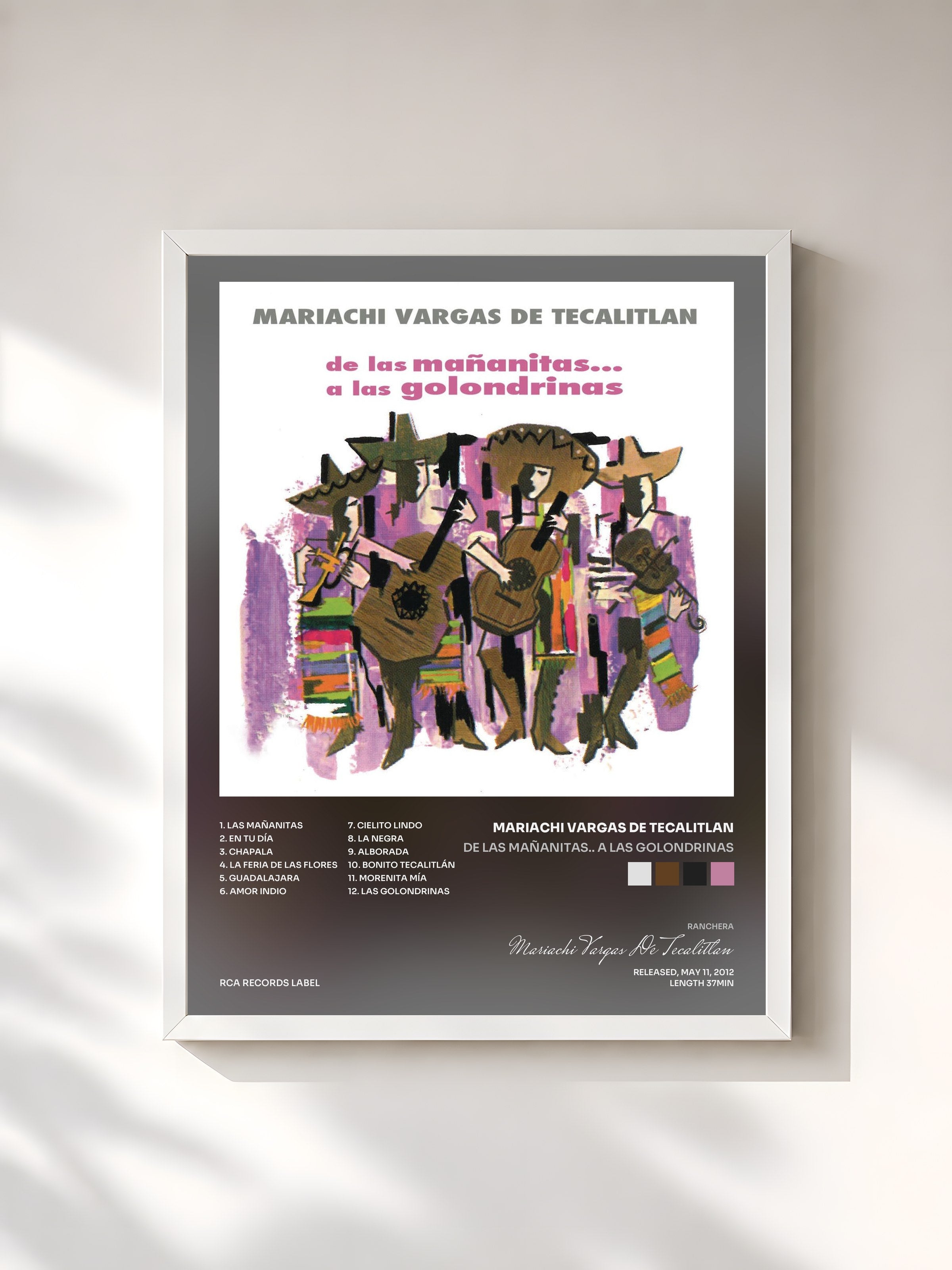 #blanc Tableau de l'album De las Mañanitas.. a las Golondrinas de Mariachi Vargas De Tecalitlan, cadre blanc, imprimé et encadré en France