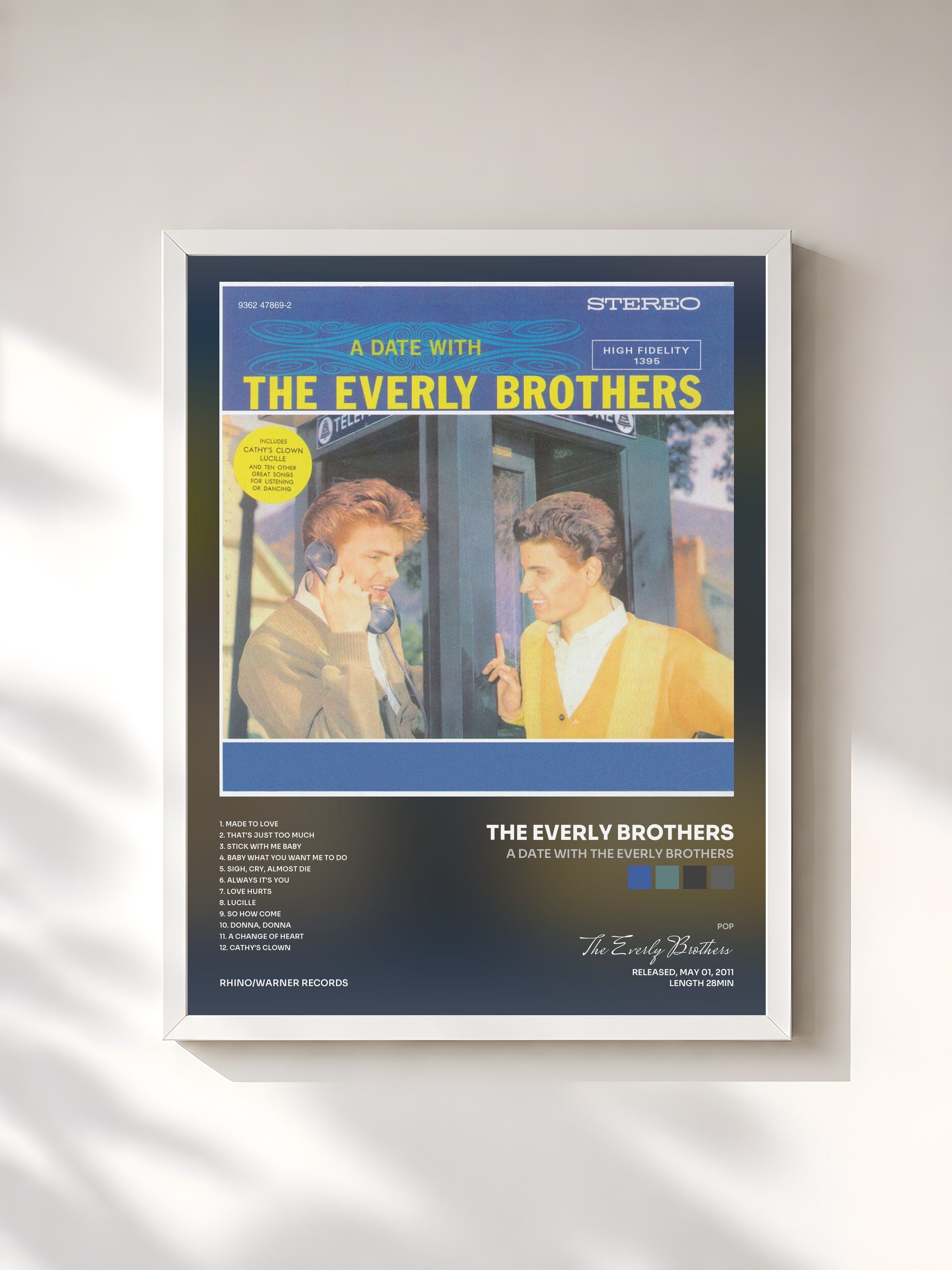 #blanc Tableau de l'album A Date with The Everly Brothers de The Everly Brothers, cadre blanc, imprimé et encadré en France