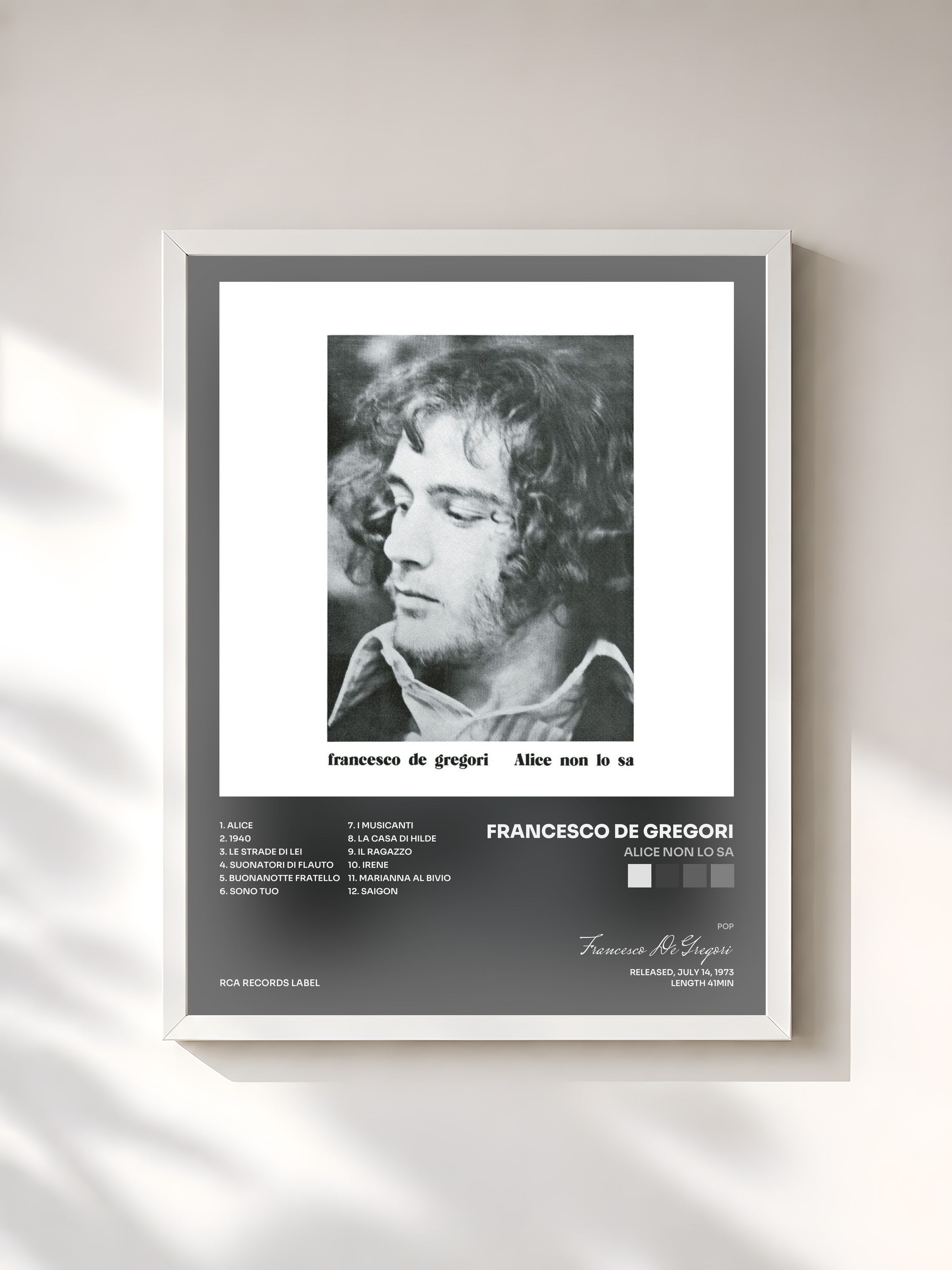 #blanc Tableau de l'album Alice Non Lo Sa de Francesco De Gregori, cadre blanc, imprimé et encadré en France