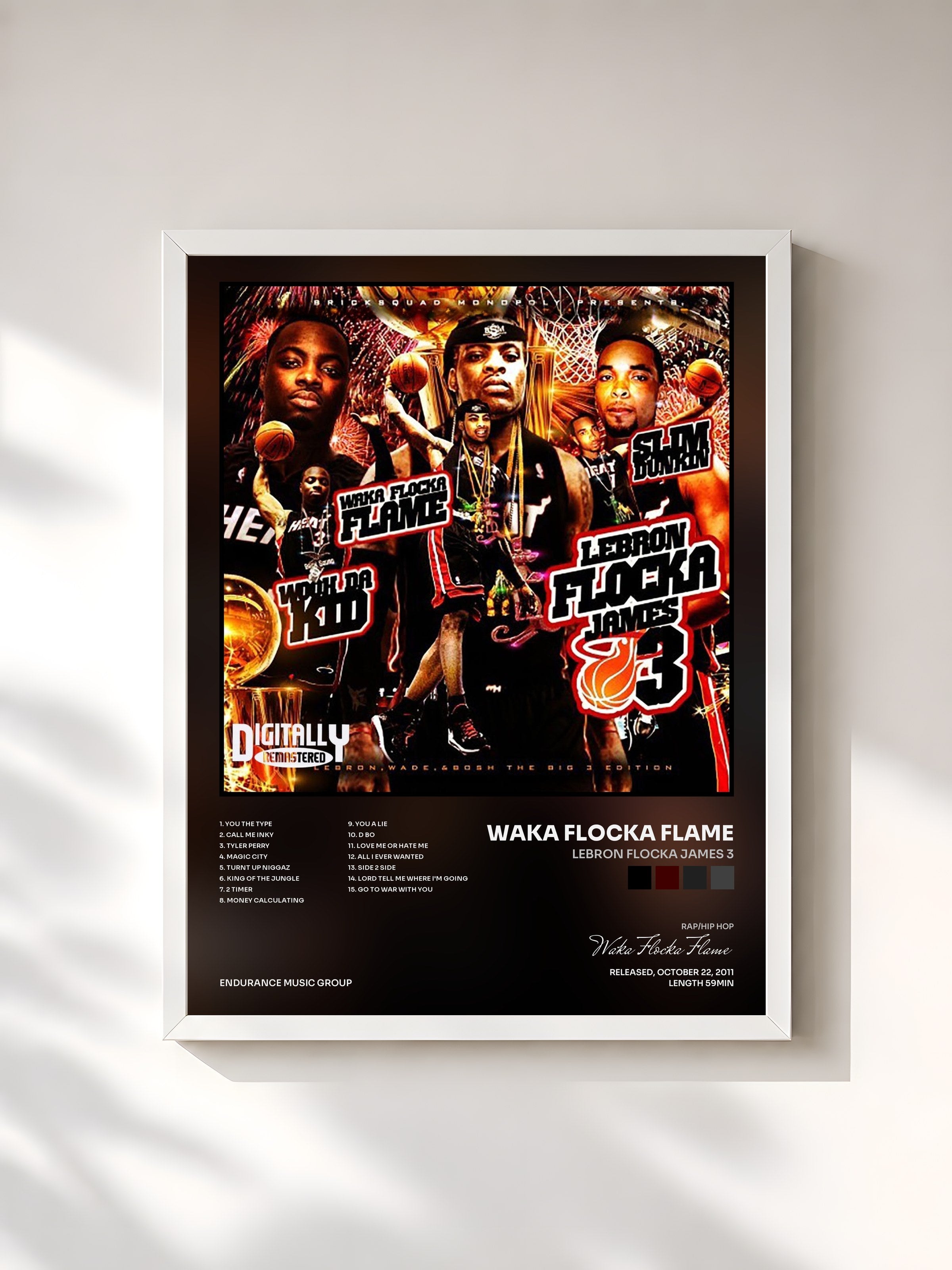 #blanc Tableau de l'album LeBron Flocka James 3 de Waka Flocka Flame, cadre blanc, imprimé et encadré en France