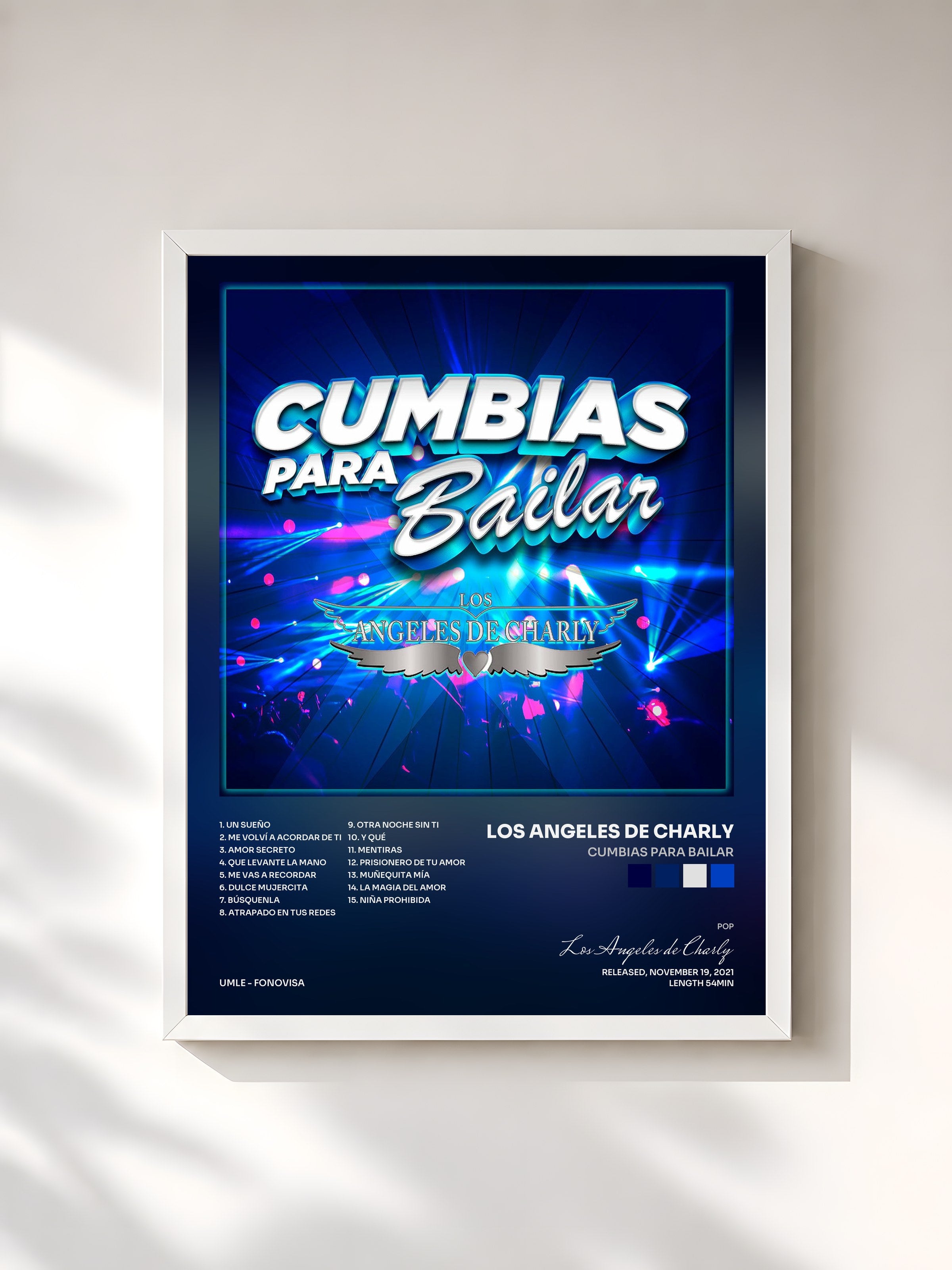 #blanc Tableau de l'album Cumbias Para Bailar de Los Angeles de Charly, cadre blanc, imprimé et encadré en France