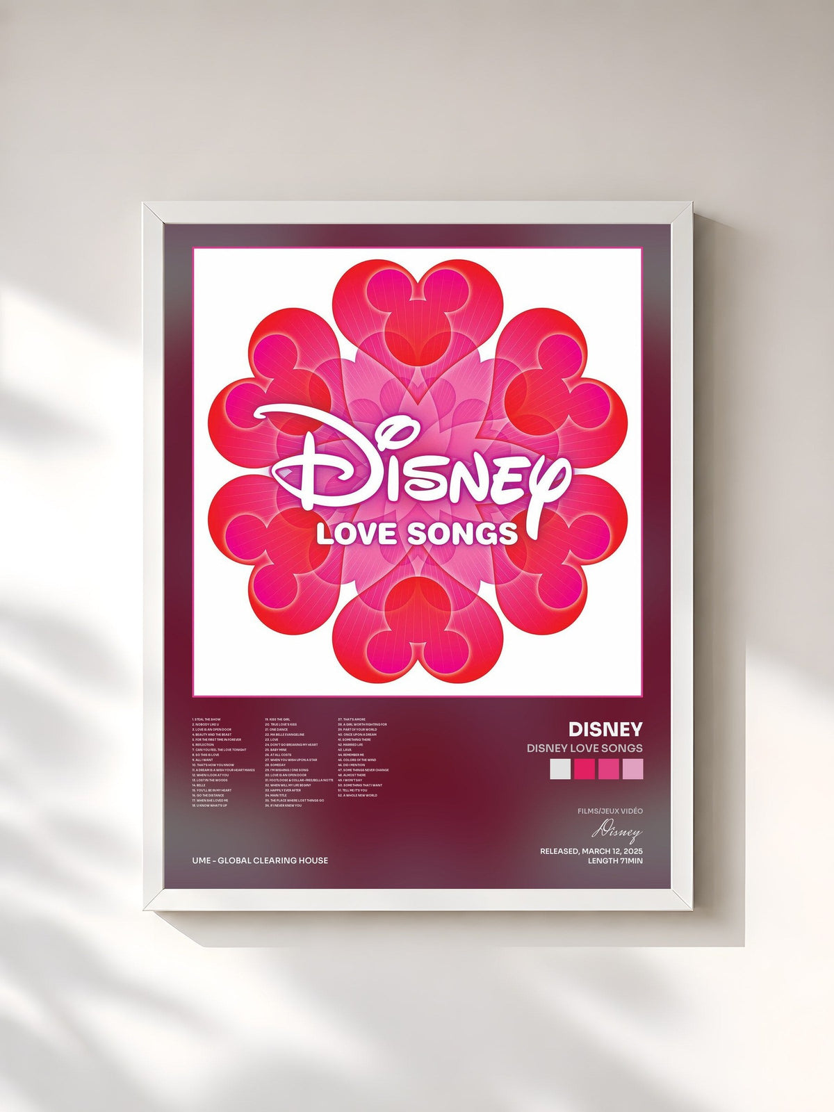 #blanc Tableau de l'album Disney Love Songs de Disney, cadre blanc, imprimé et encadré en France