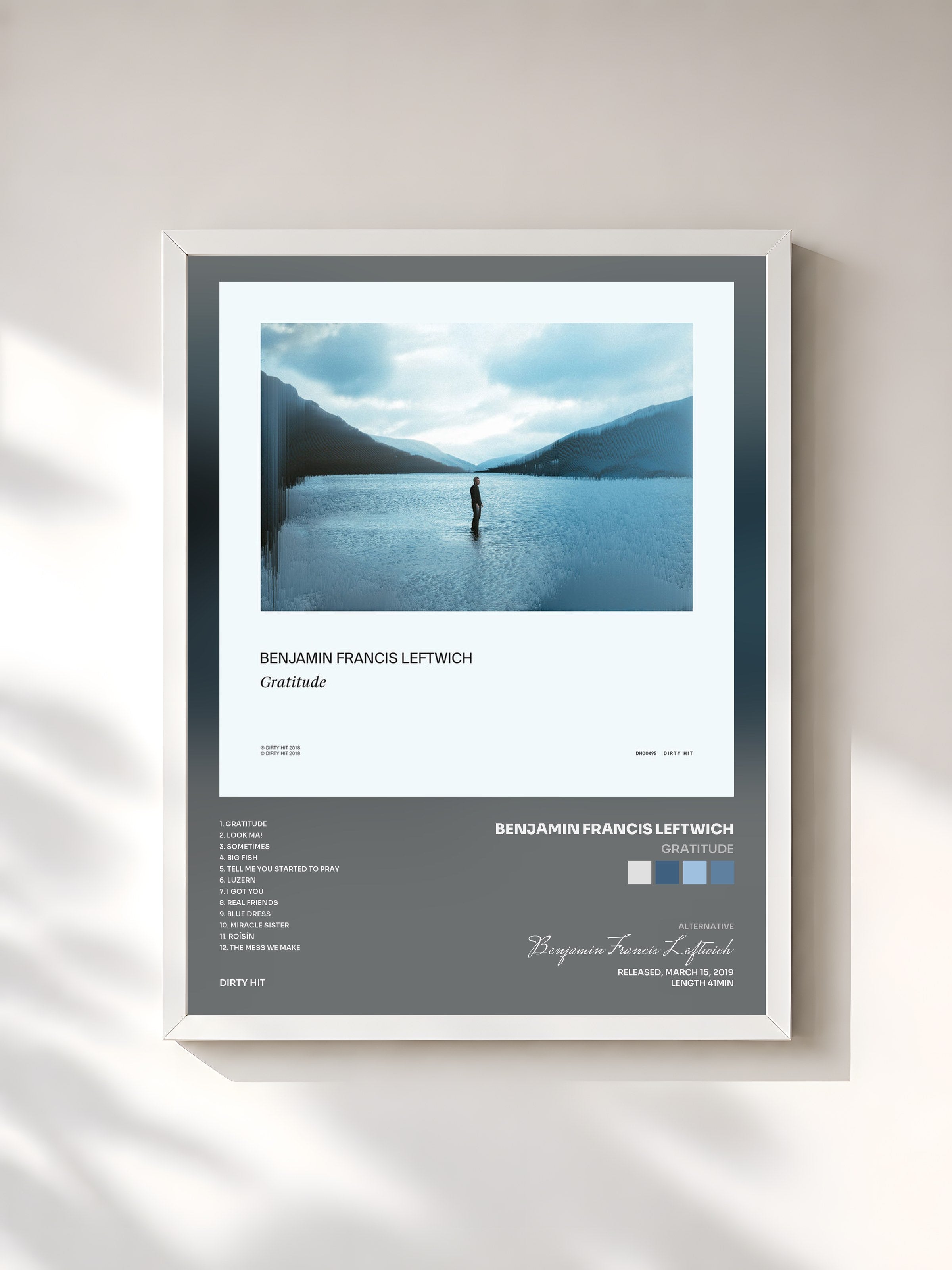 #blanc Tableau de l'album Gratitude de Benjamin Francis Leftwich, cadre blanc, imprimé et encadré en France