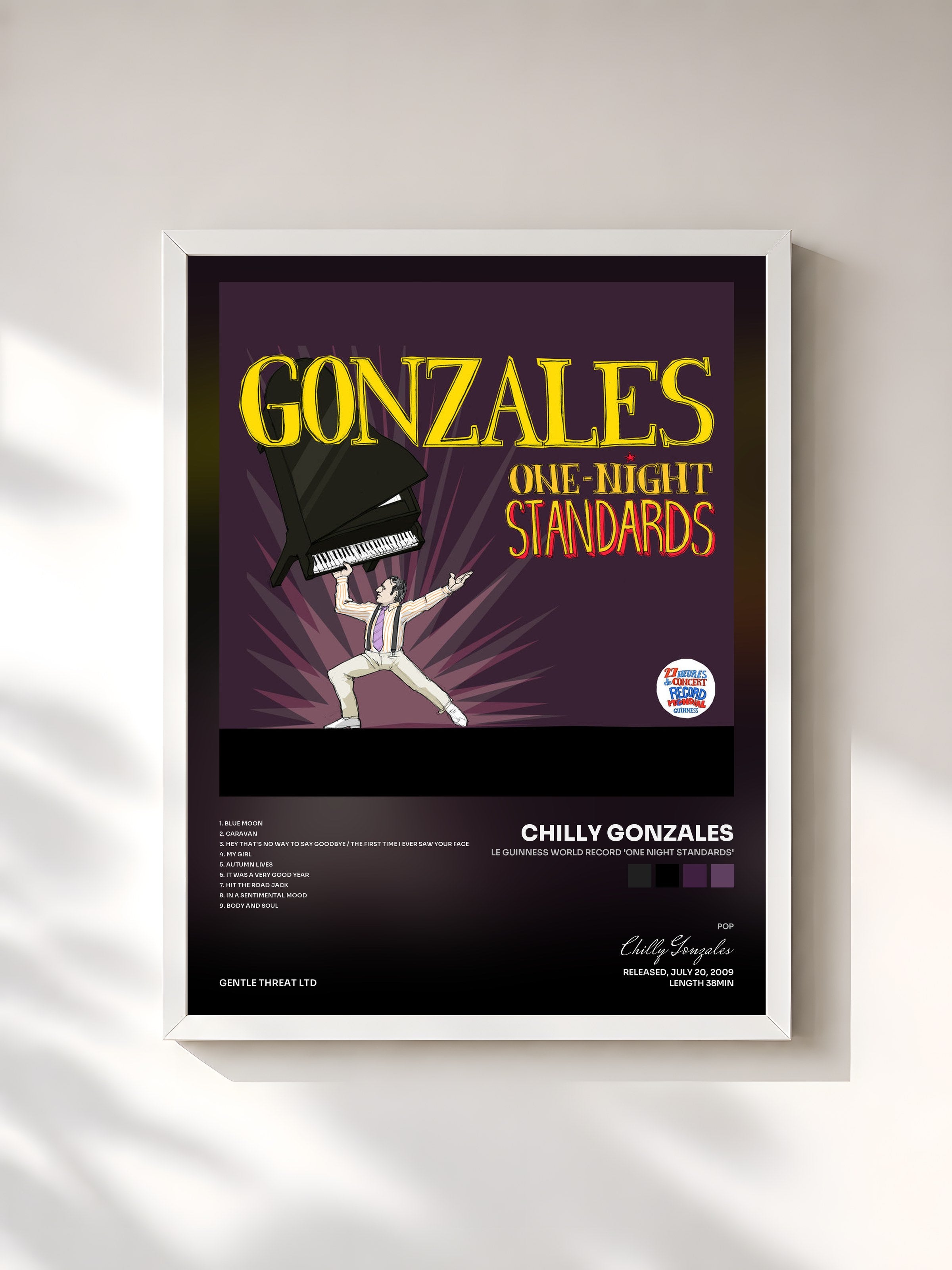 #blanc Tableau de l'album Le Guinness World Record 'One Night Standards' de Chilly Gonzales, cadre blanc, imprimé et encadré en France