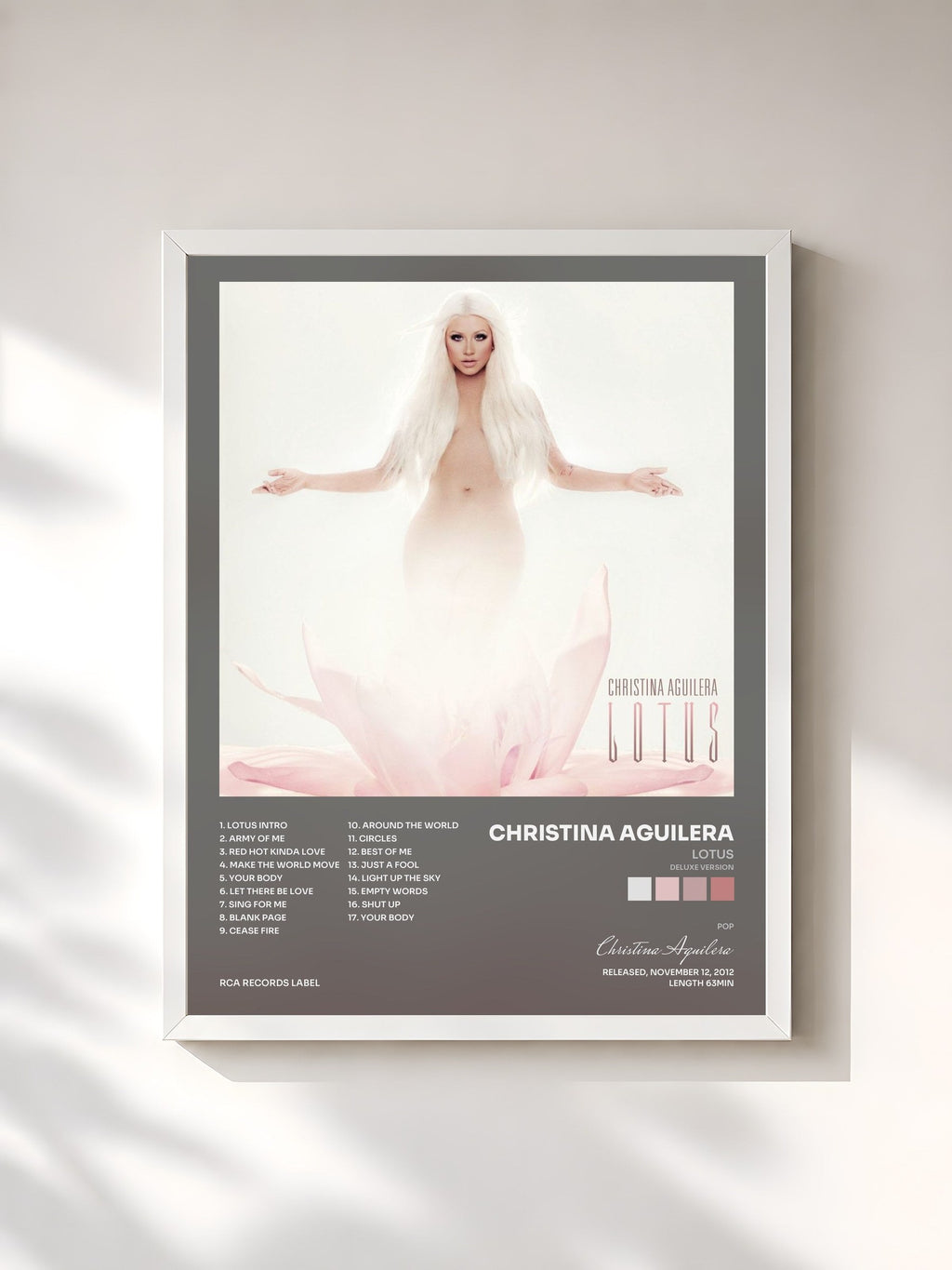 #blanc Tableau de l'album Lotus (Deluxe Version) de Christina Aguilera, cadre blanc, imprimé et encadré en France