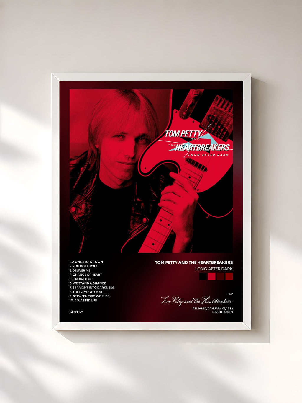 #blanc Long After Dark by Tom Petty and the Heartbreakers as a framed art print, white frame, printed and framed in France