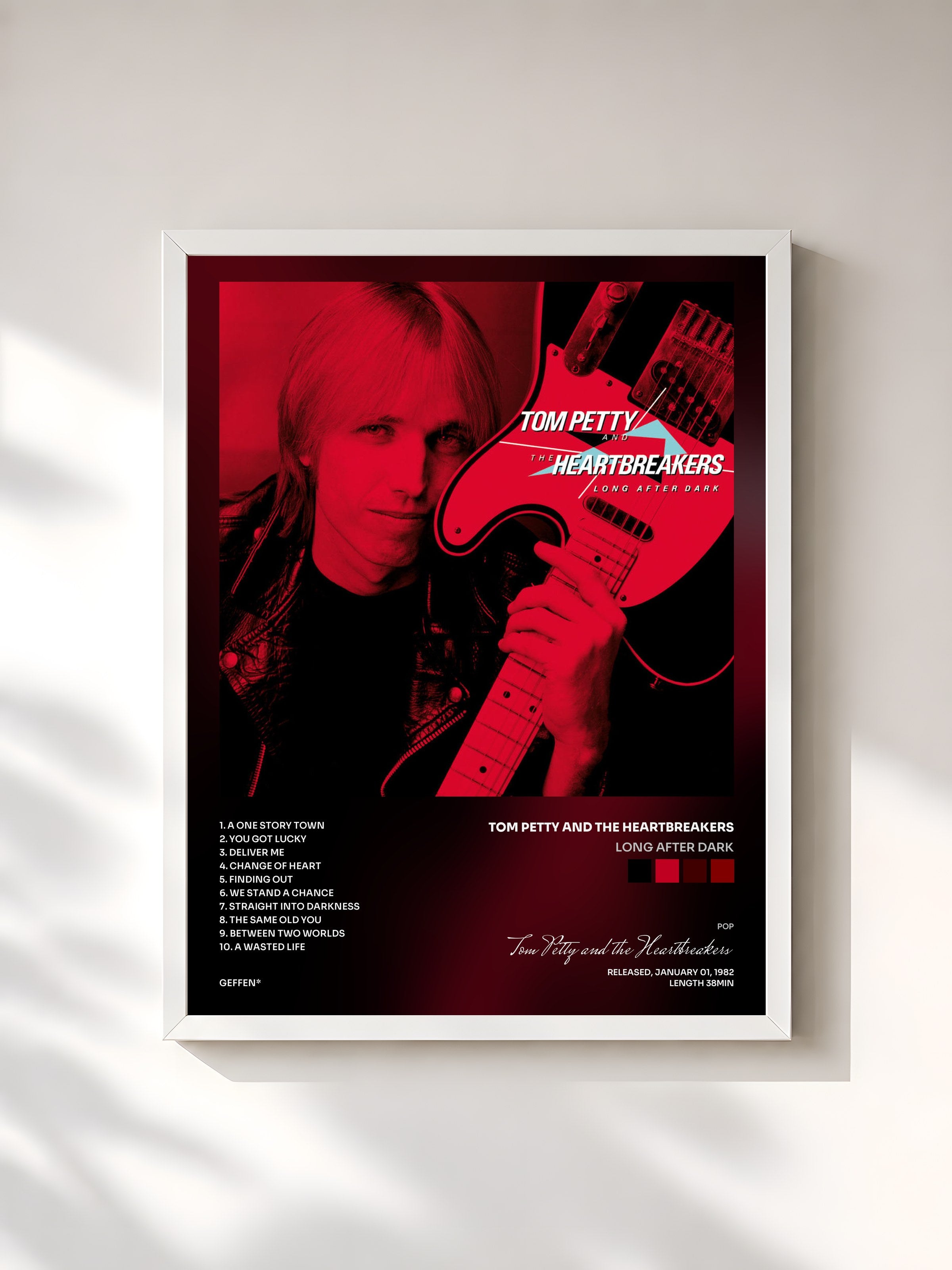 #blanc Tableau de l'album Long After Dark de Tom Petty and the Heartbreakers, cadre blanc, imprimé et encadré en France