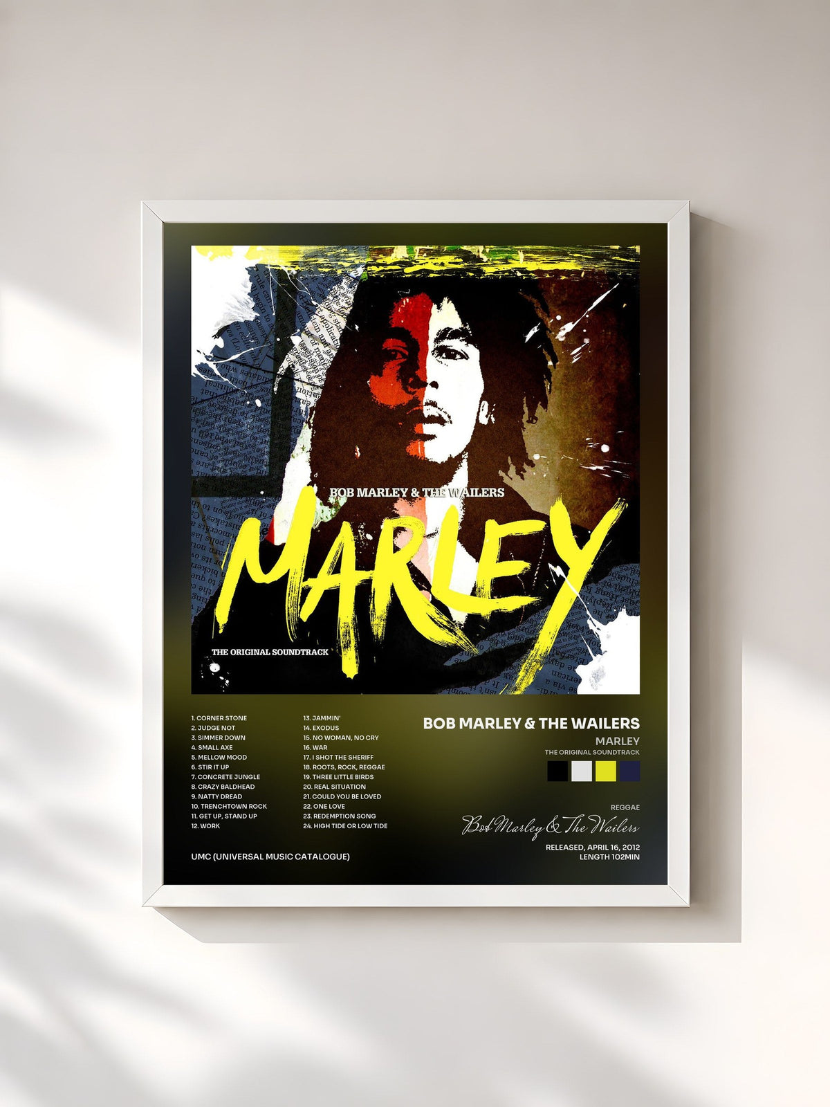 #blanc Tableau de l'album Marley (The Original Soundtrack) de Bob Marley & The Wailers, cadre blanc, imprimé et encadré en France