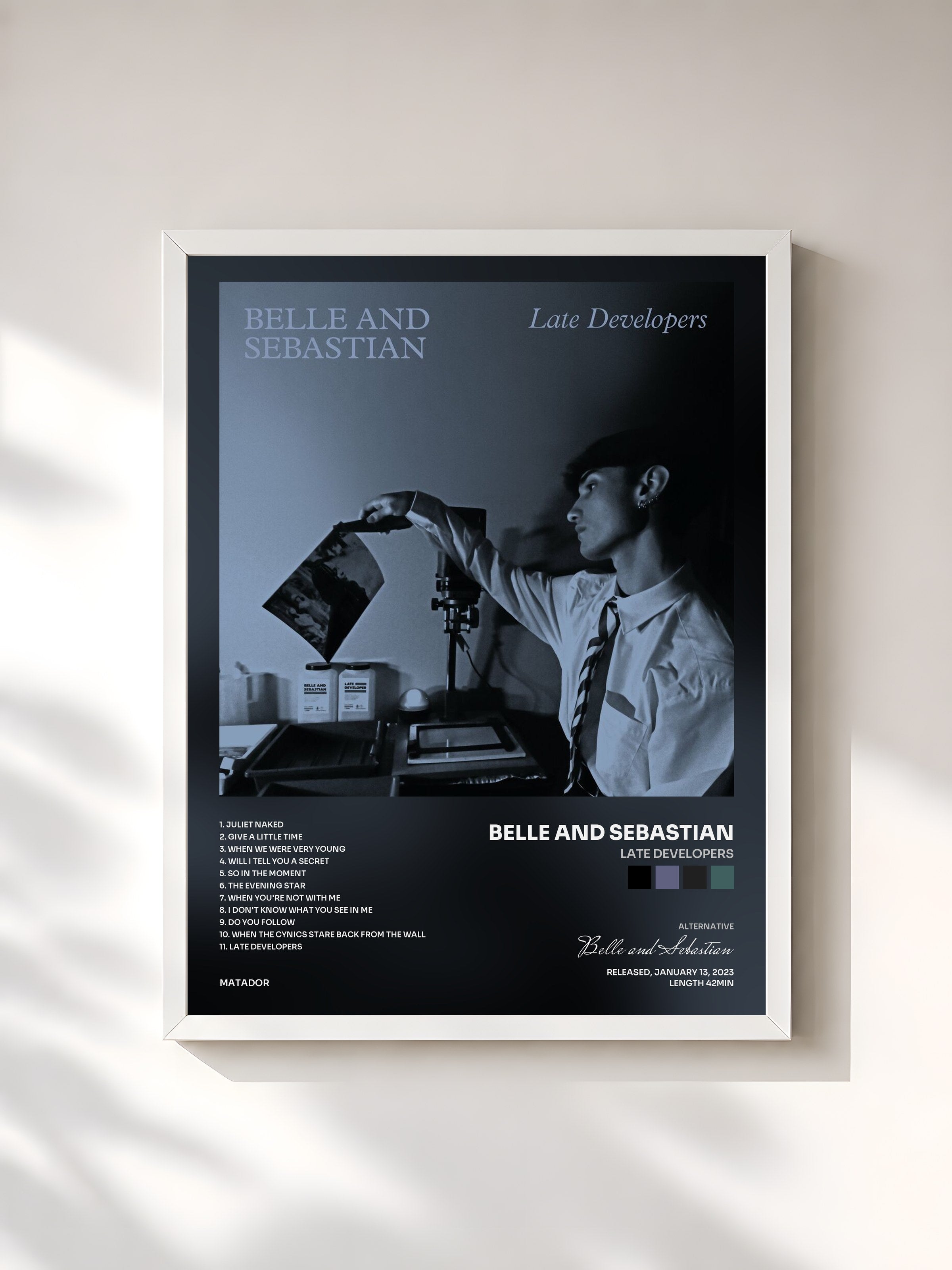 #blanc Tableau de l'album Late Developers de Belle and Sebastian, cadre blanc, imprimé et encadré en France