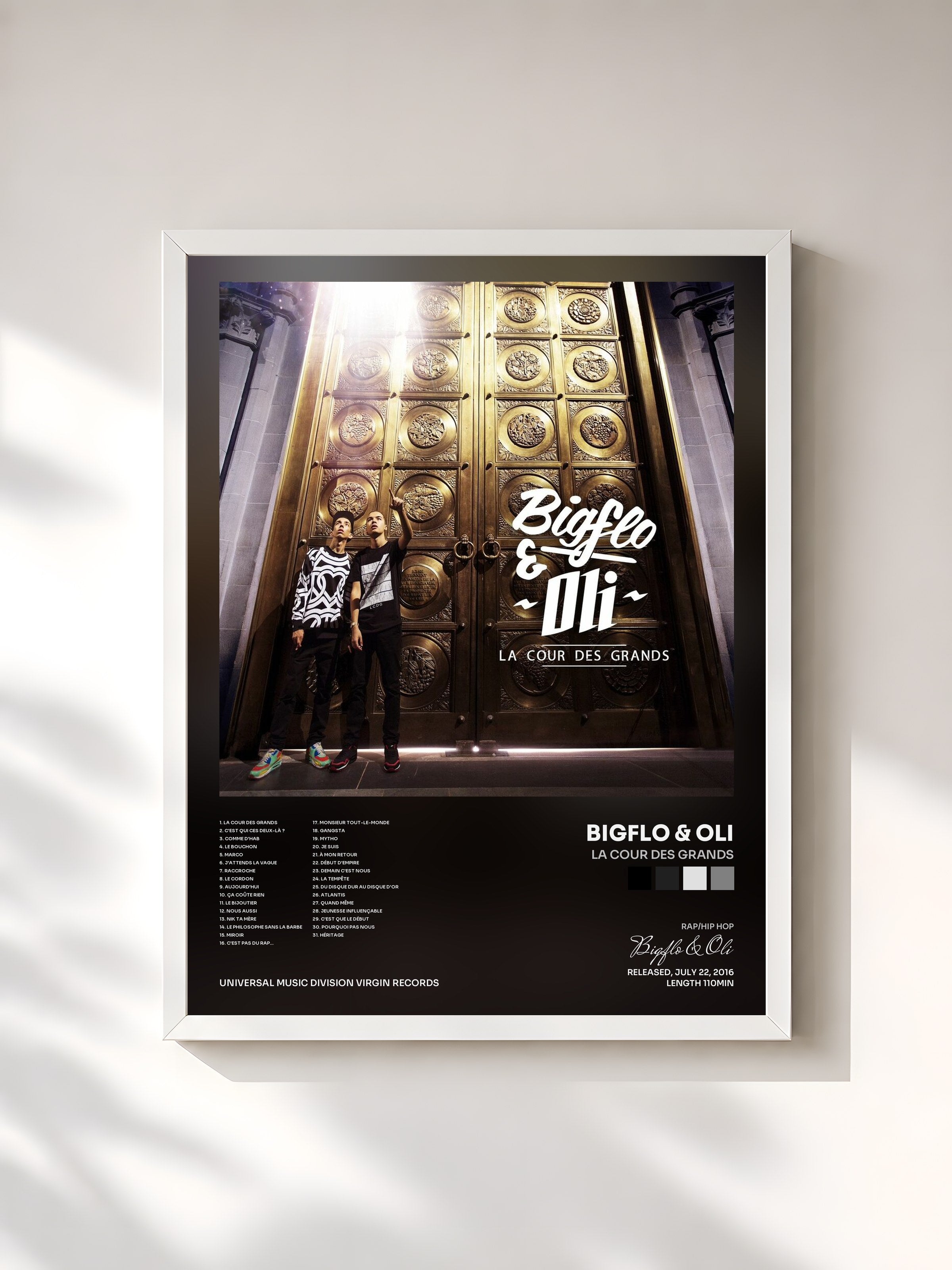 #blanc Tableau de l'album La cour des grands de Bigflo & Oli, cadre blanc, imprimé et encadré en France