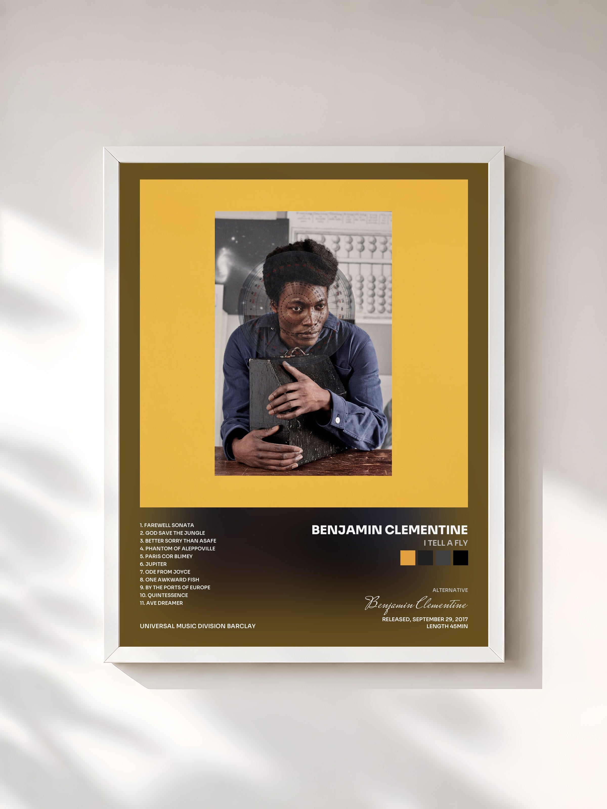 #blanc Tableau de l'album I Tell A Fly de Benjamin Clementine, cadre blanc, imprimé et encadré en France