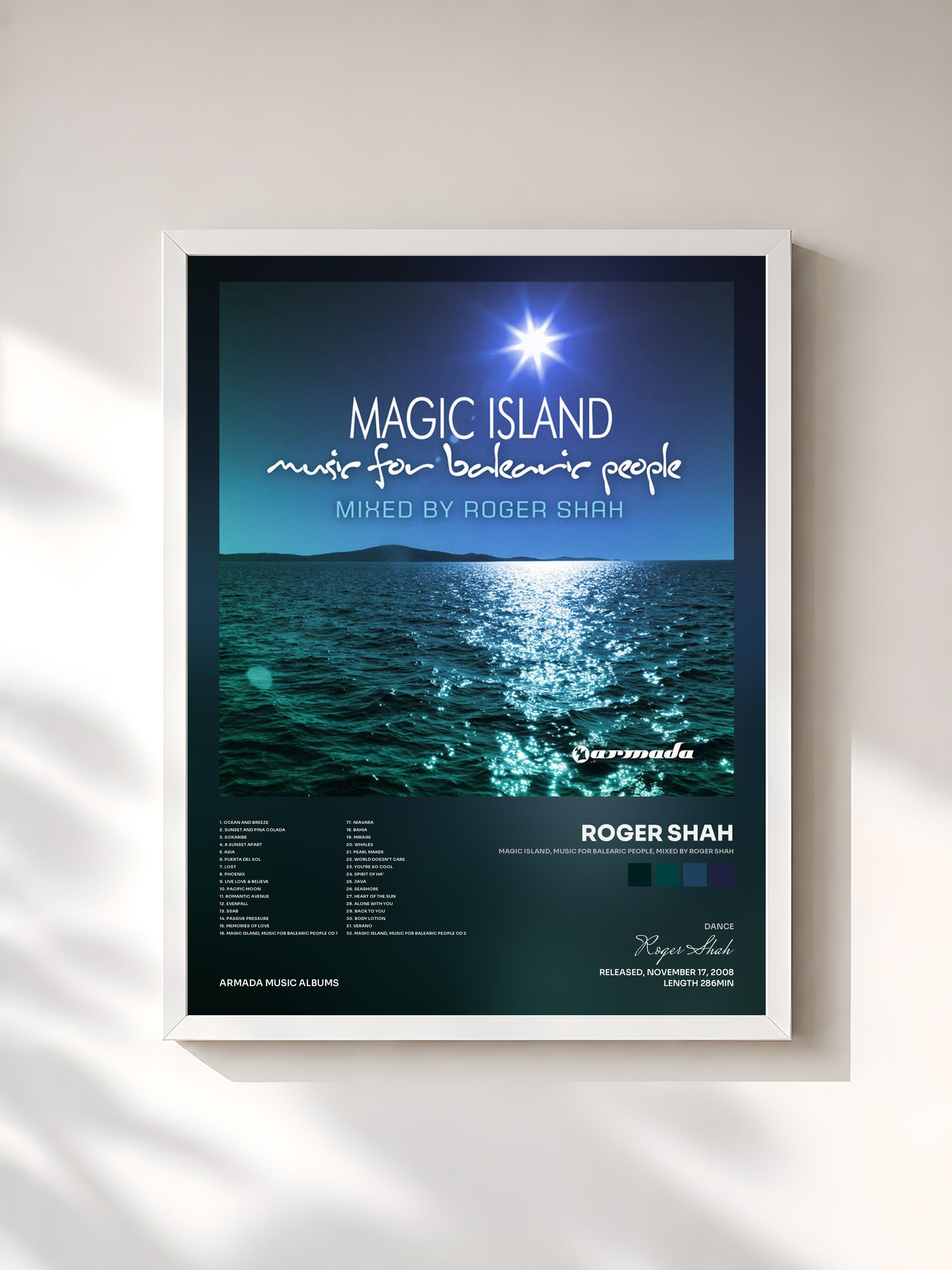 #blanc Tableau de l'album Magic Island, Music For Balearic People, mixed by Roger Shah de Roger Shah, cadre blanc, imprimé et encadré en France