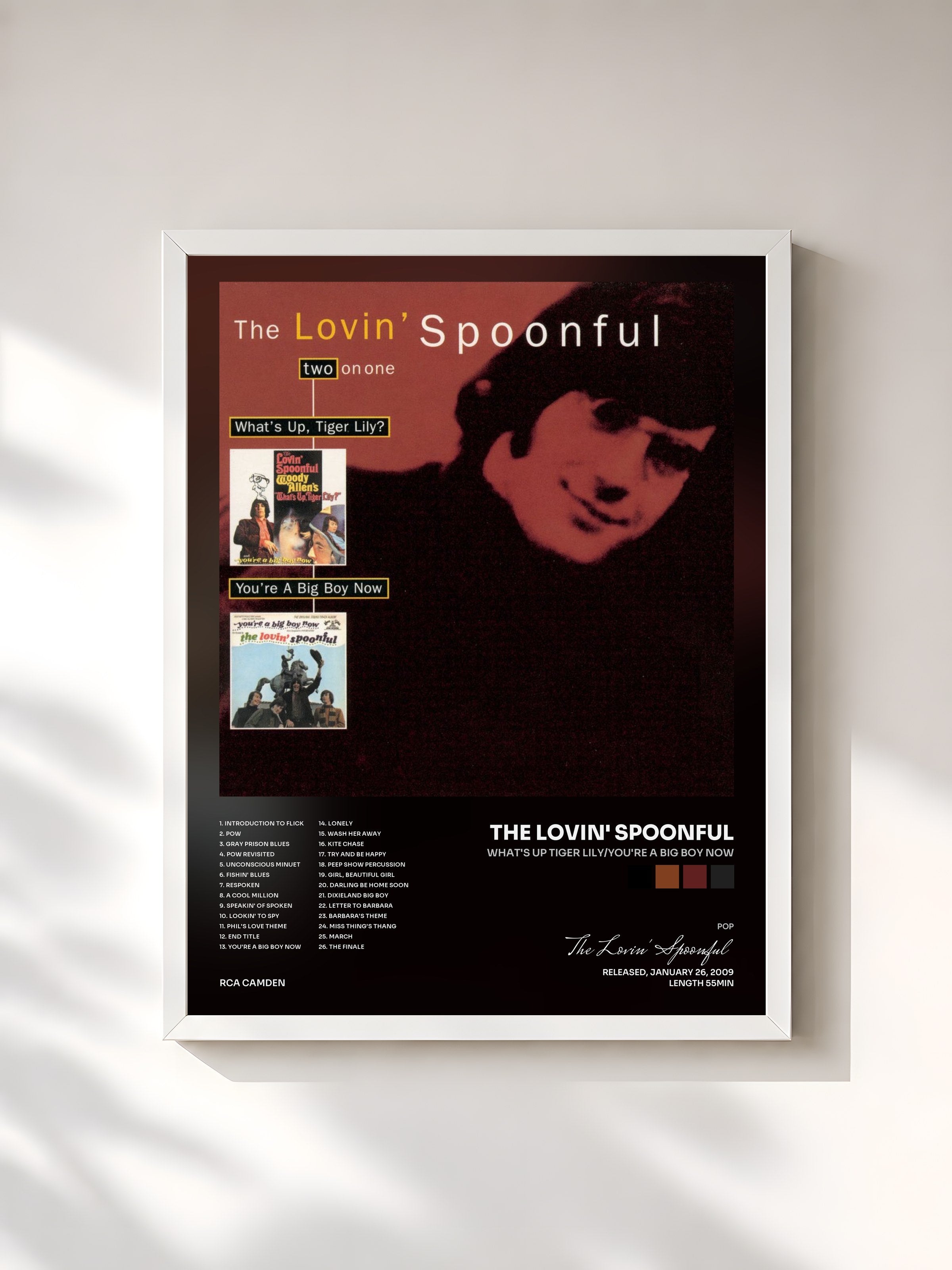 #blanc Tableau de l'album What's Up Tiger Lily/You're A Big Boy Now de The Lovin' Spoonful, cadre blanc, imprimé et encadré en France