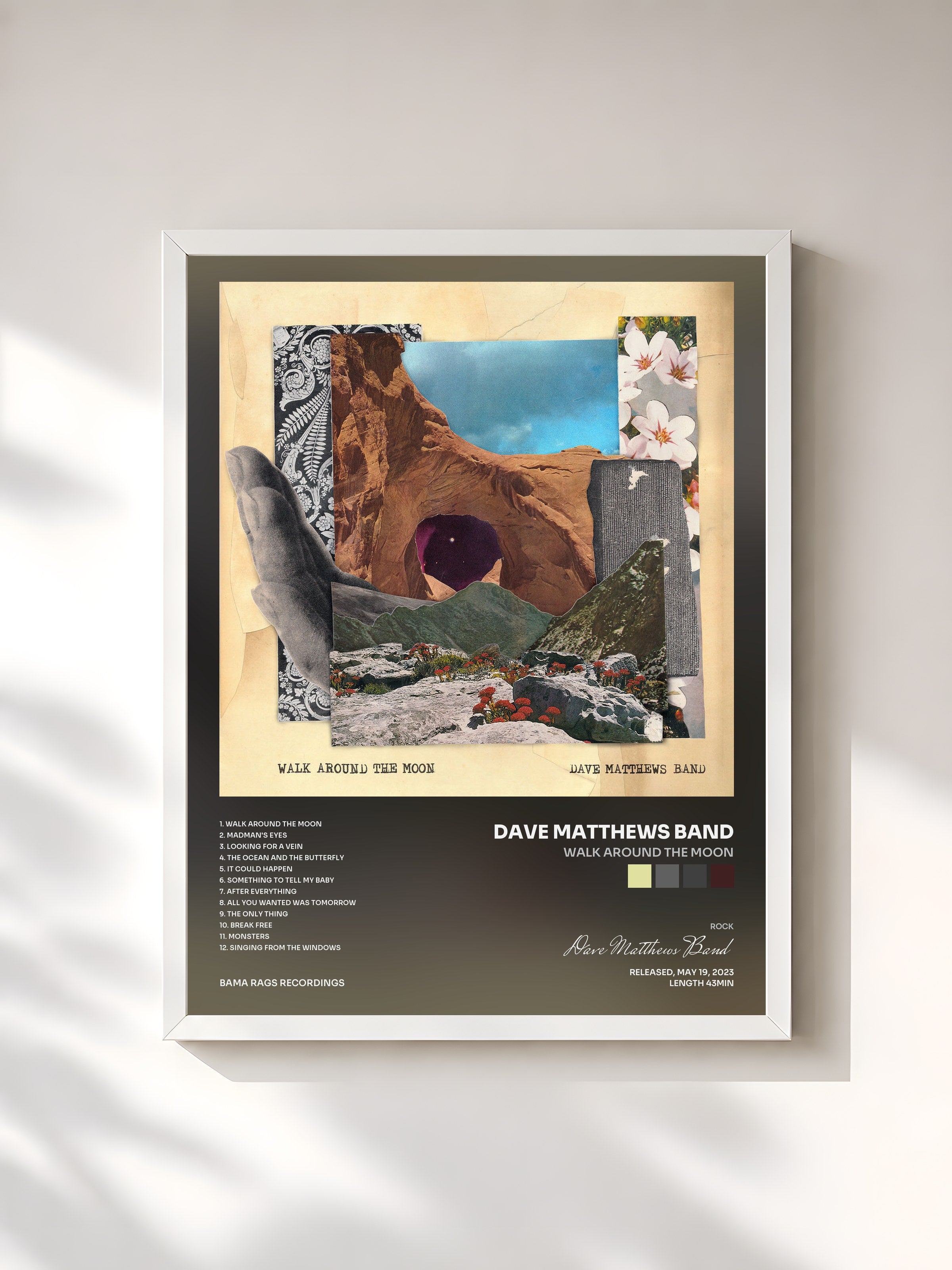 #blanc Tableau de l'album Walk Around The Moon de Dave Matthews Band, cadre blanc, imprimé et encadré en France
